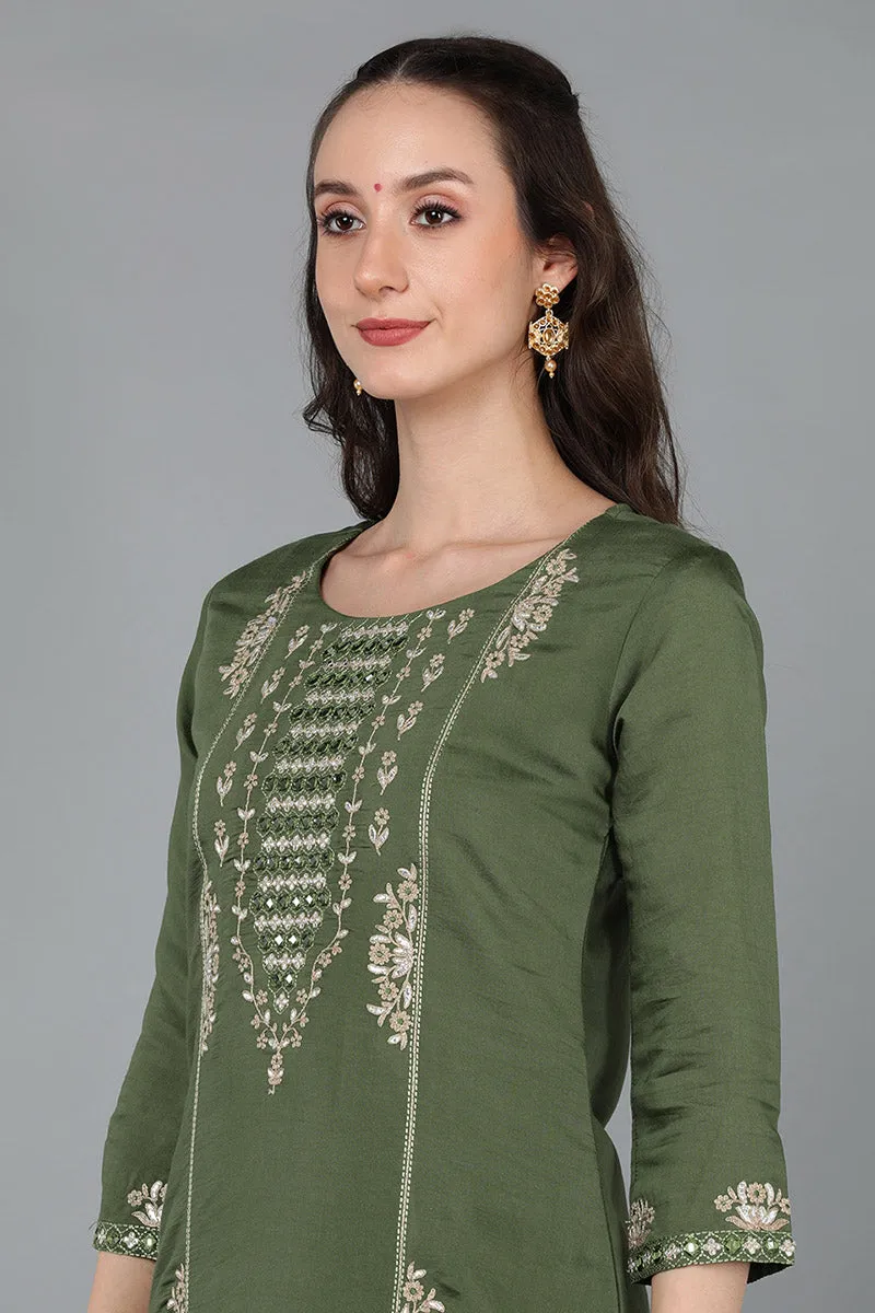 Green Silk Blend Ethnic Motifs Straight Kurta Trousers With Dupatta