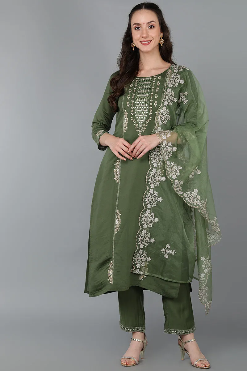 Green Silk Blend Ethnic Motifs Straight Kurta Trousers With Dupatta