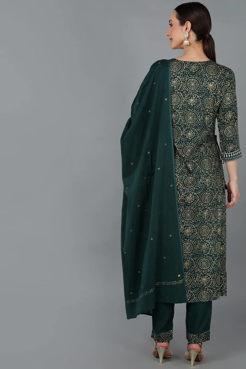 Green Viscose Rayon Abstract Straight Kurta Trousers With Dupatta