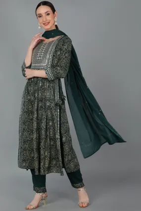 Green Viscose Rayon Abstract Straight Kurta Trousers With Dupatta