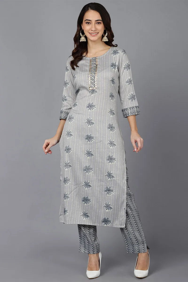 Grey Cotton Blend Straight kurta Set