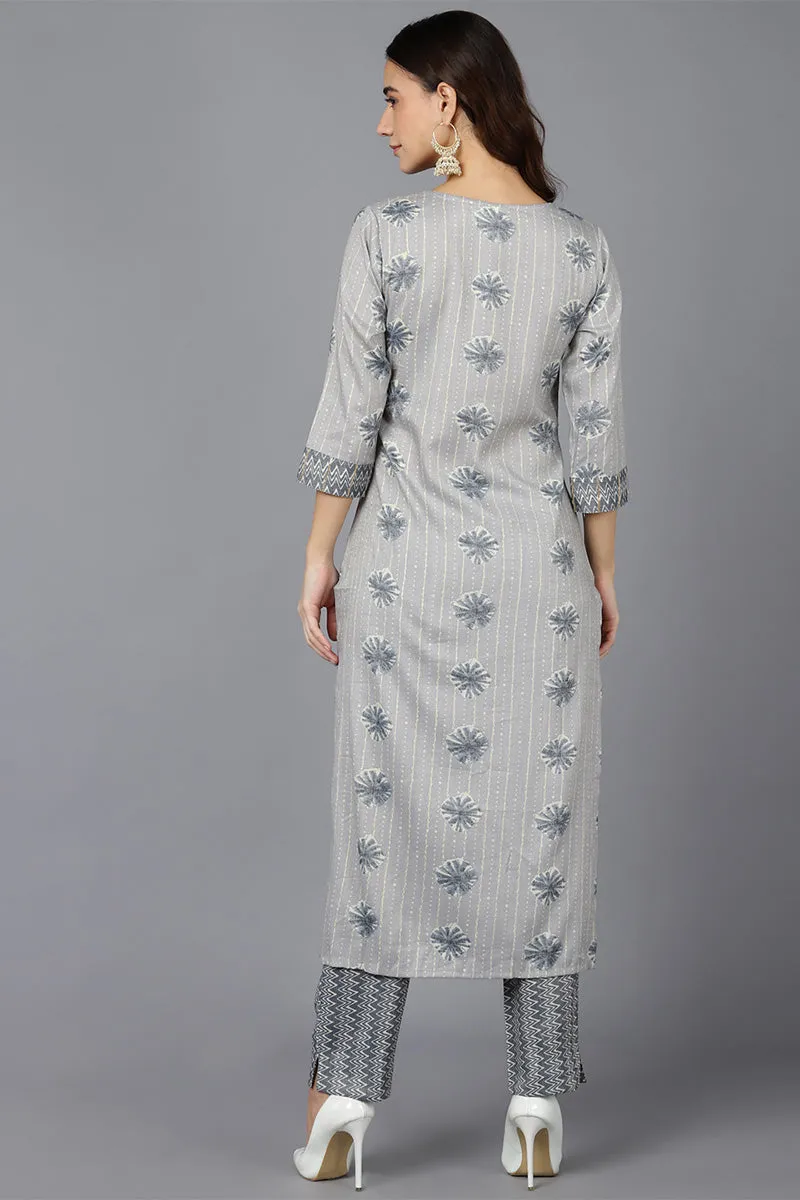 Grey Cotton Blend Straight kurta Set