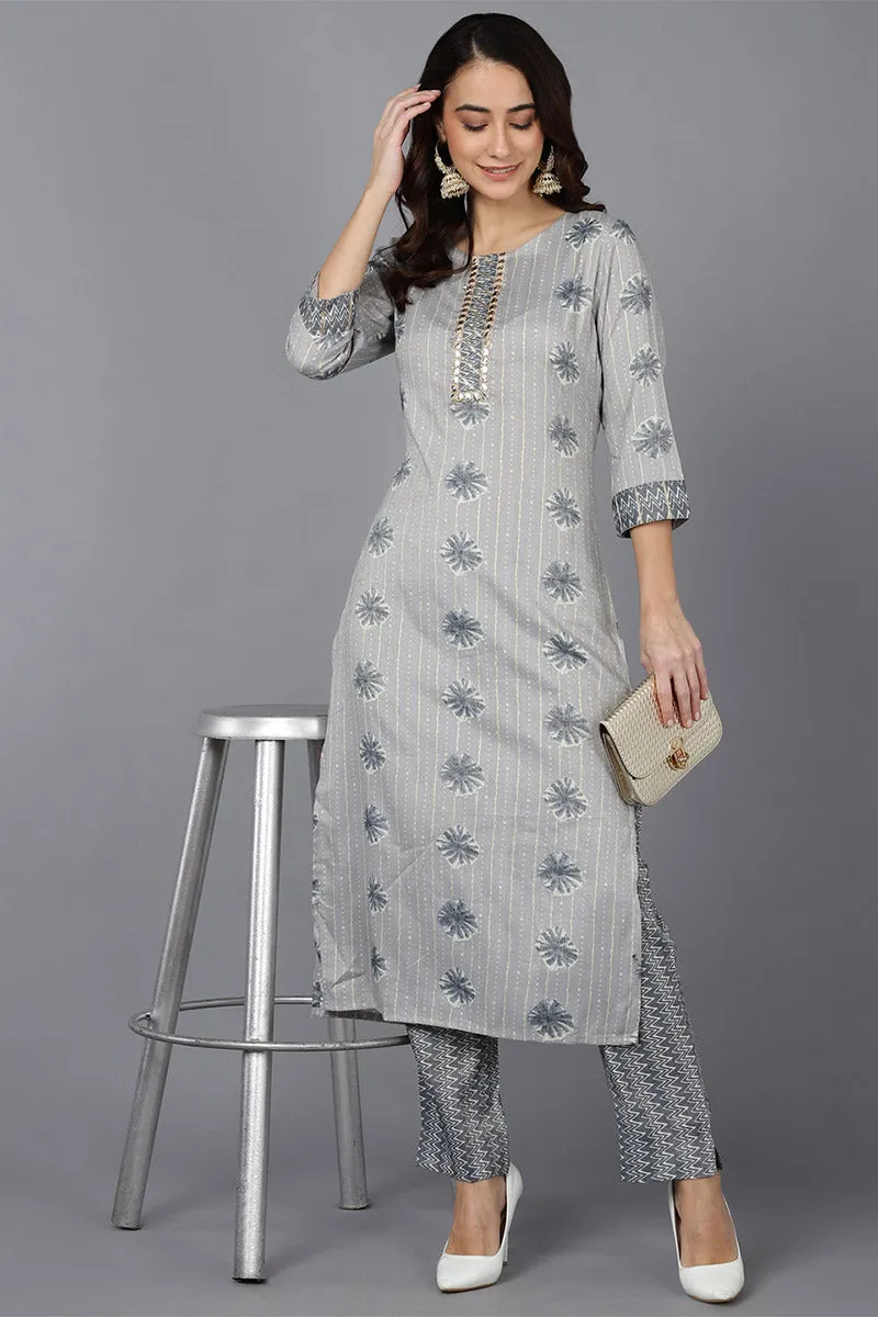 Grey Cotton Blend Straight kurta Set