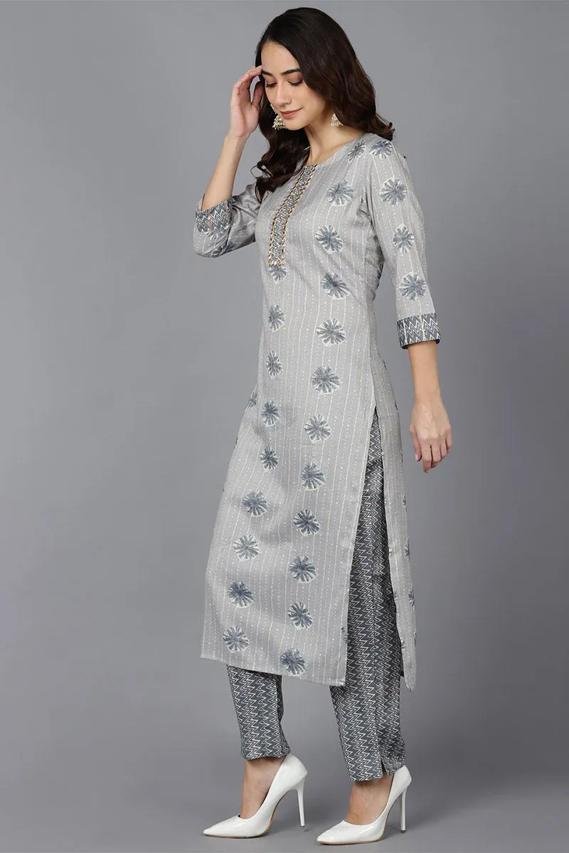 Grey Cotton Blend Straight kurta Set