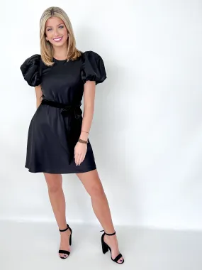 Hailey - Black Satin Puff Sleeve Dress