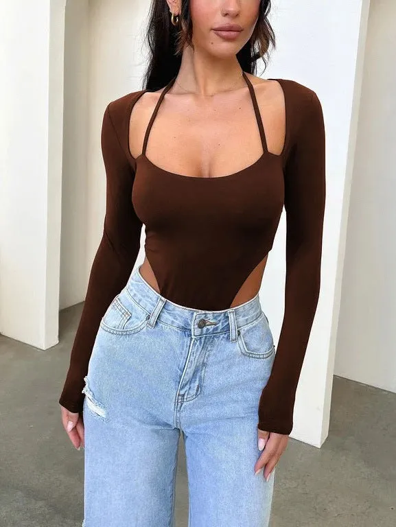 Halterneck Backless Long Sleeve Bodysuit