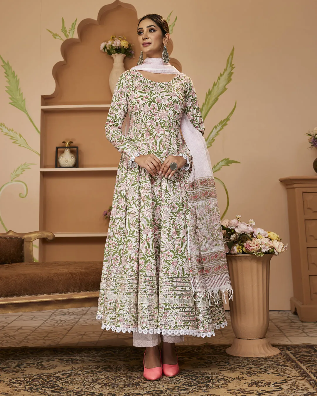 Hand Block Printed Green Anarkali Cotton Kurta With Trousers & Dupatta