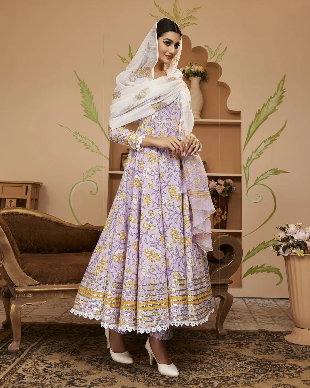 Hand Block Printed Lavender Anarkali Cotton Kurta With Trousers & Dupatta