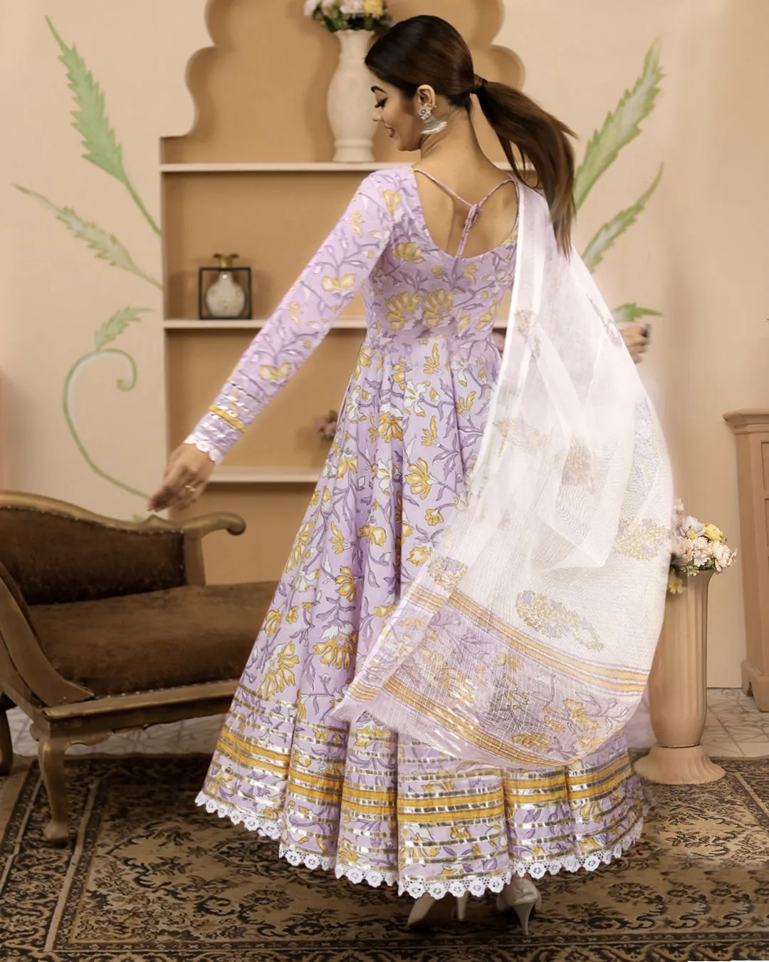 Hand Block Printed Lavender Anarkali Cotton Kurta With Trousers & Dupatta