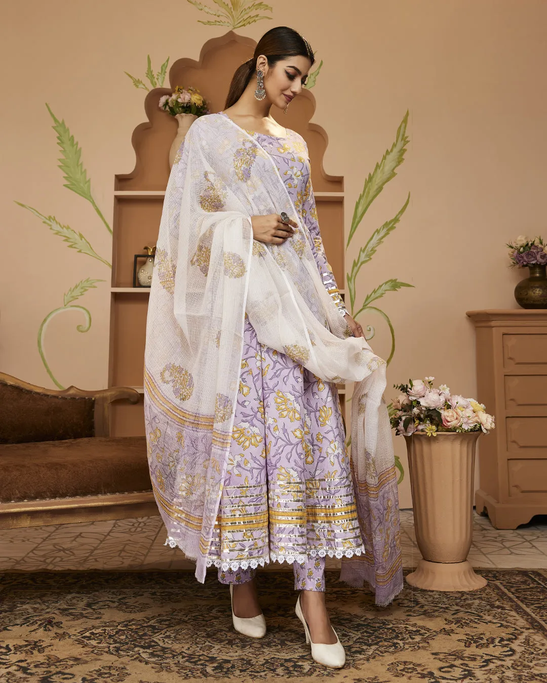 Hand Block Printed Lavender Anarkali Cotton Kurta With Trousers & Dupatta