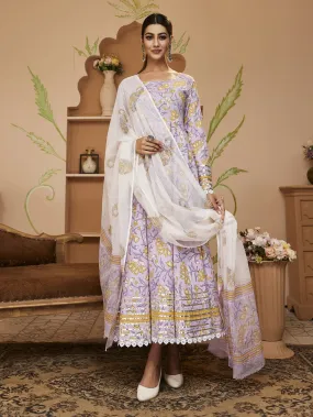 Hand Block Printed Lavender Anarkali Cotton Kurta With Trousers & Dupatta