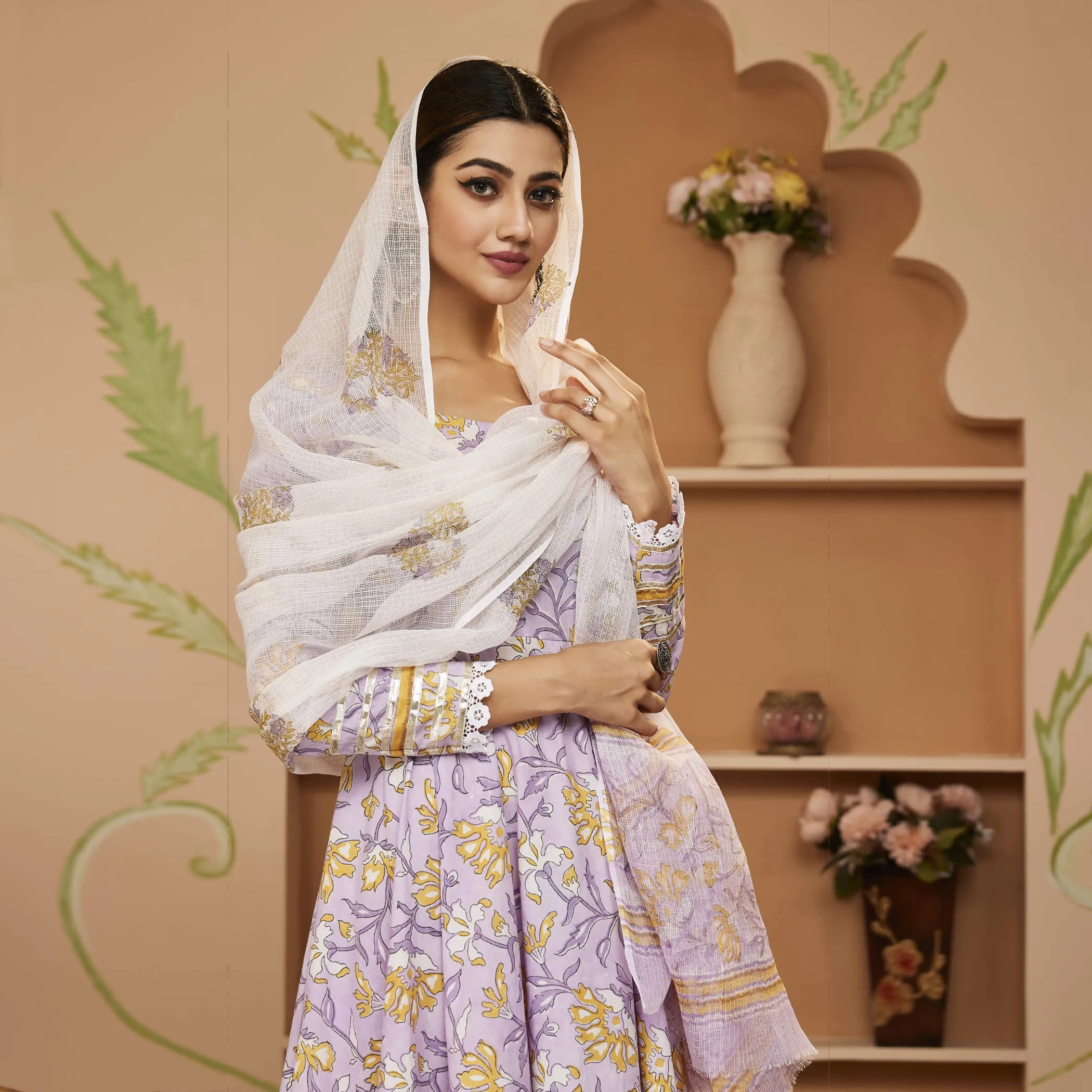 Hand Block Printed Lavender Anarkali Cotton Kurta With Trousers & Dupatta