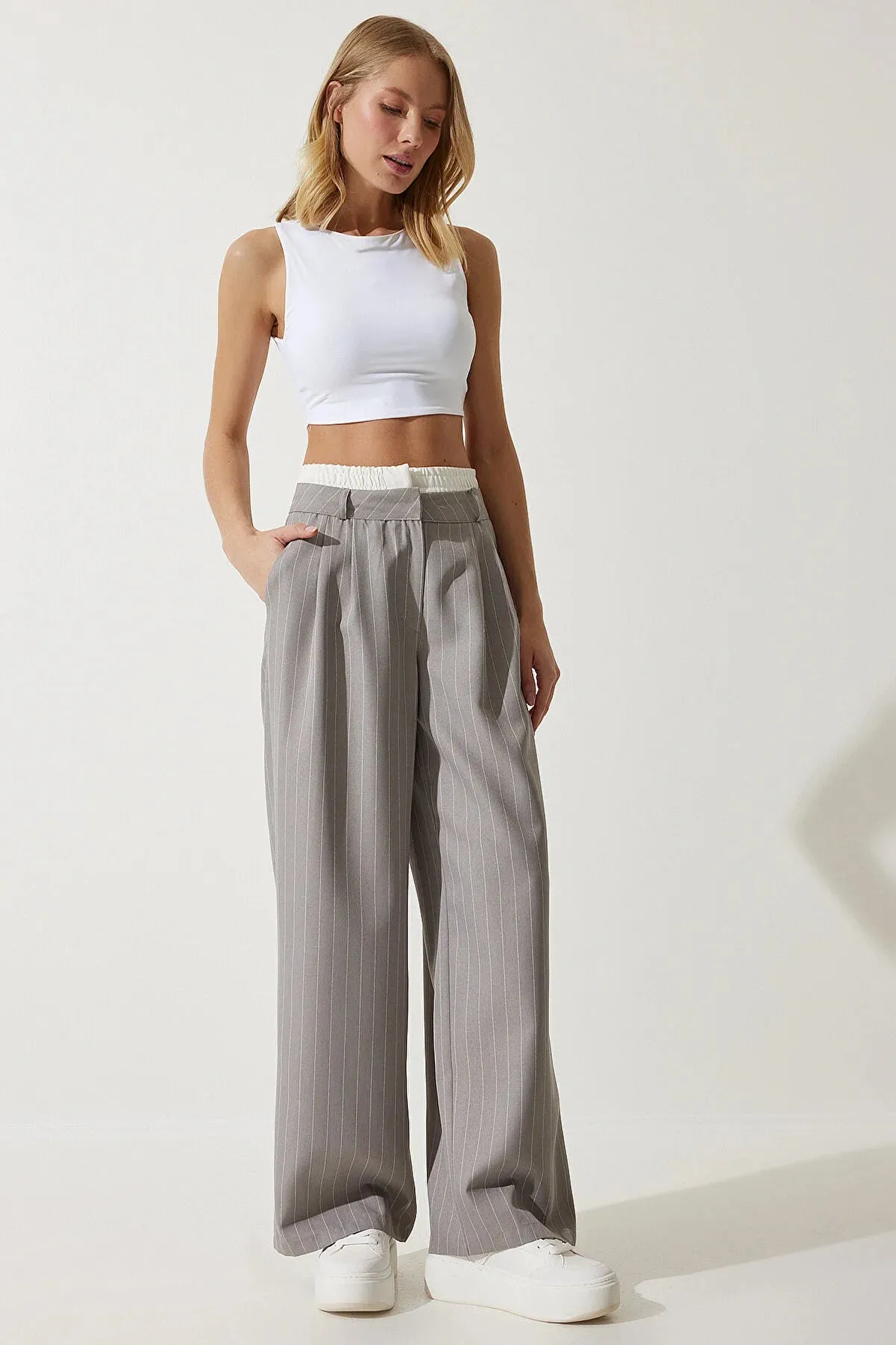 Happiness Istanbul Women's Waist Detailed Striped Woven Trousers