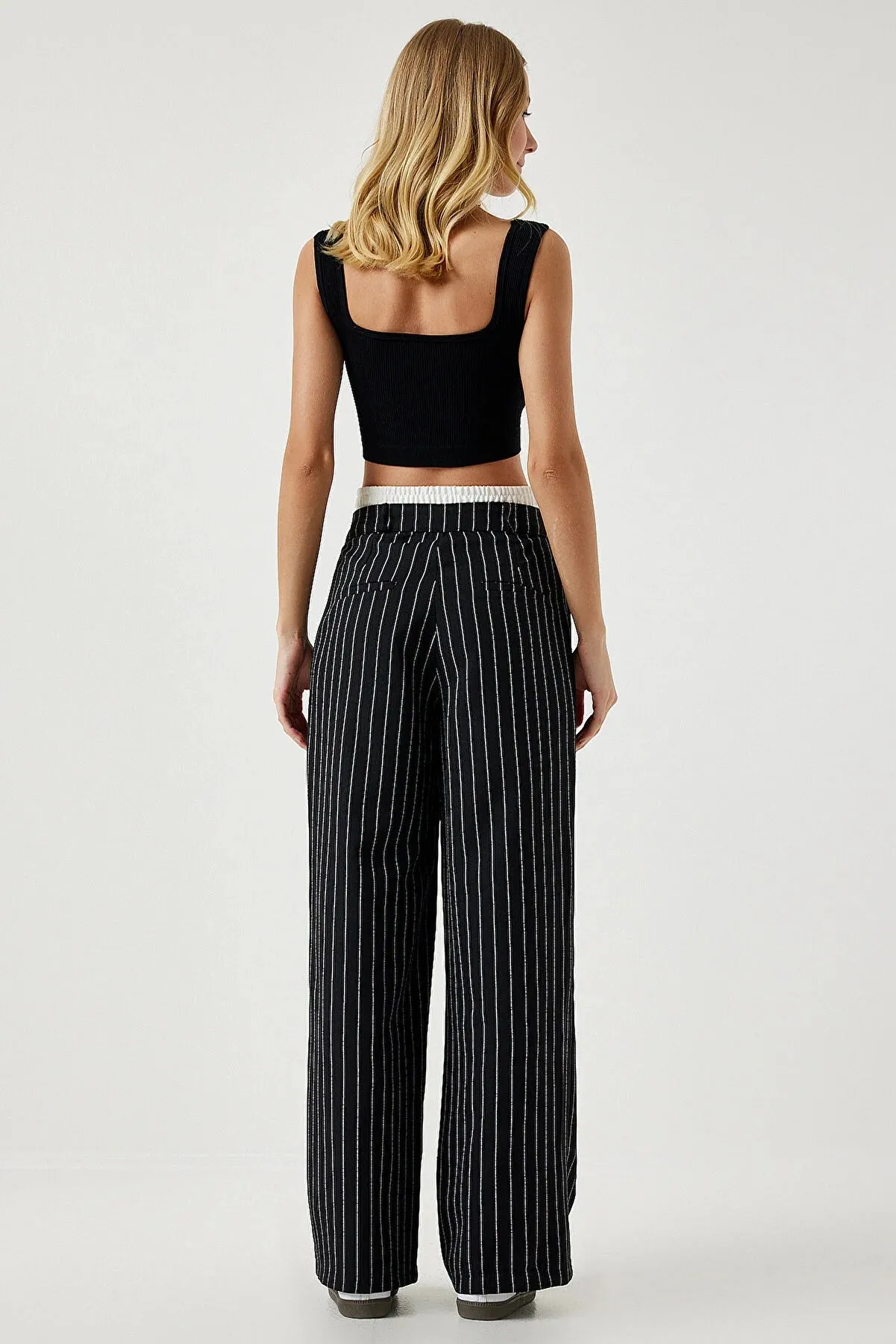 Happiness Istanbul Women's Waist Detailed Striped Woven Trousers