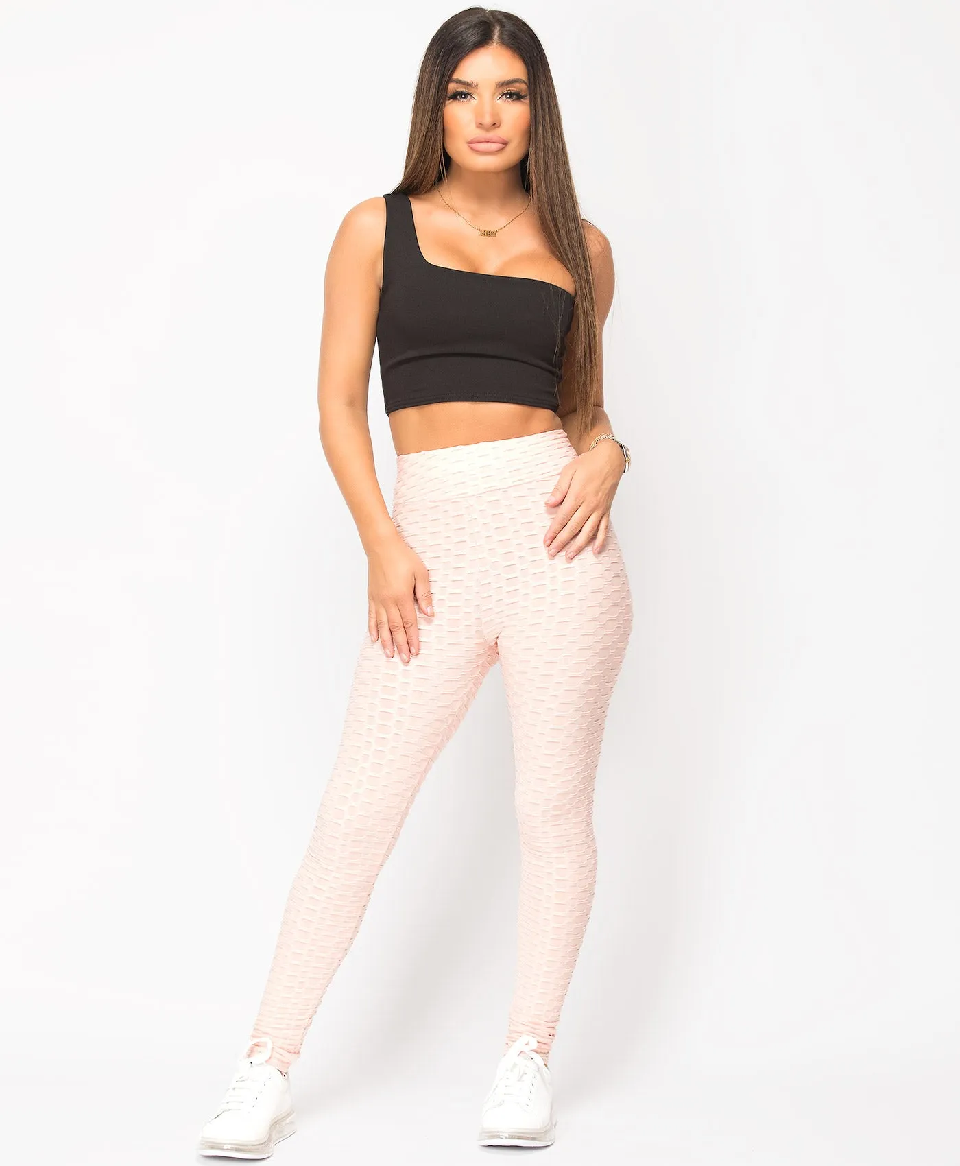 Honeycomb Waffle Textured Active Wear Stretch Leggings