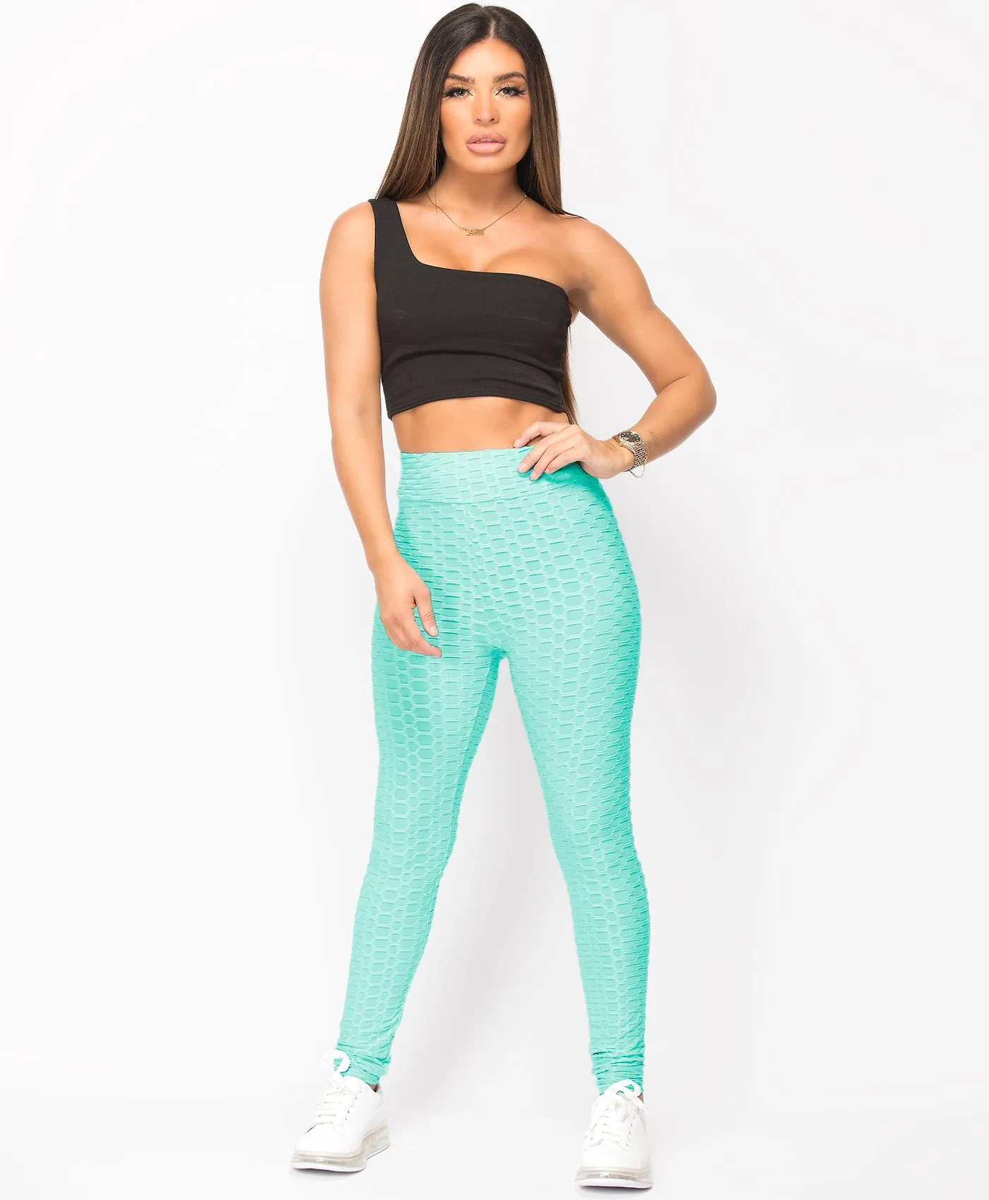 Honeycomb Waffle Textured Active Wear Stretch Leggings