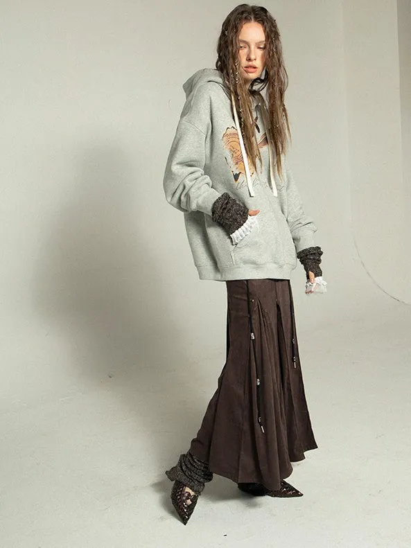 Imitation Suede Low-waist Pleated Mid-length Skirt