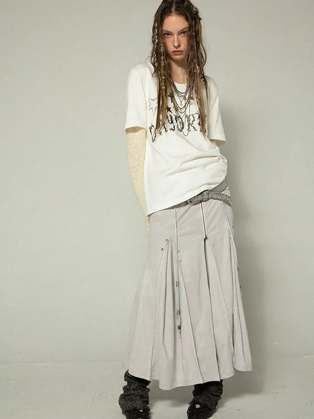 Imitation Suede Low-waist Pleated Mid-length Skirt