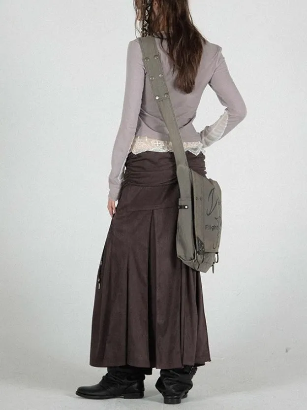 Imitation Suede Low-waist Pleated Mid-length Skirt