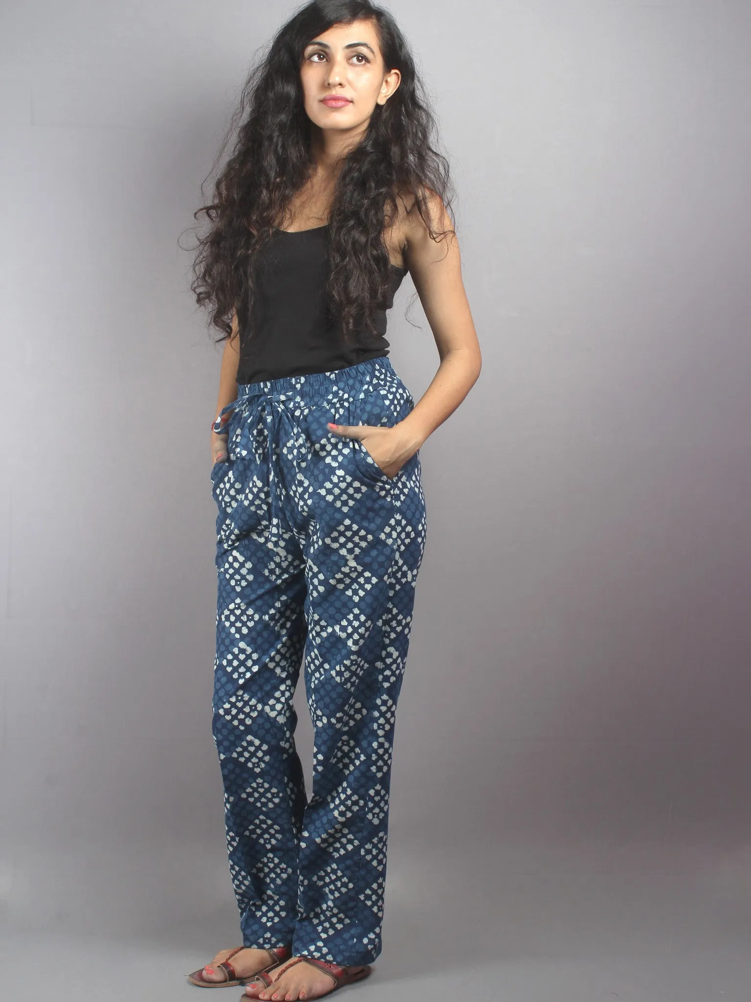 Indigo Hand Block Printed Elasticated Waist Trousers- T0317024