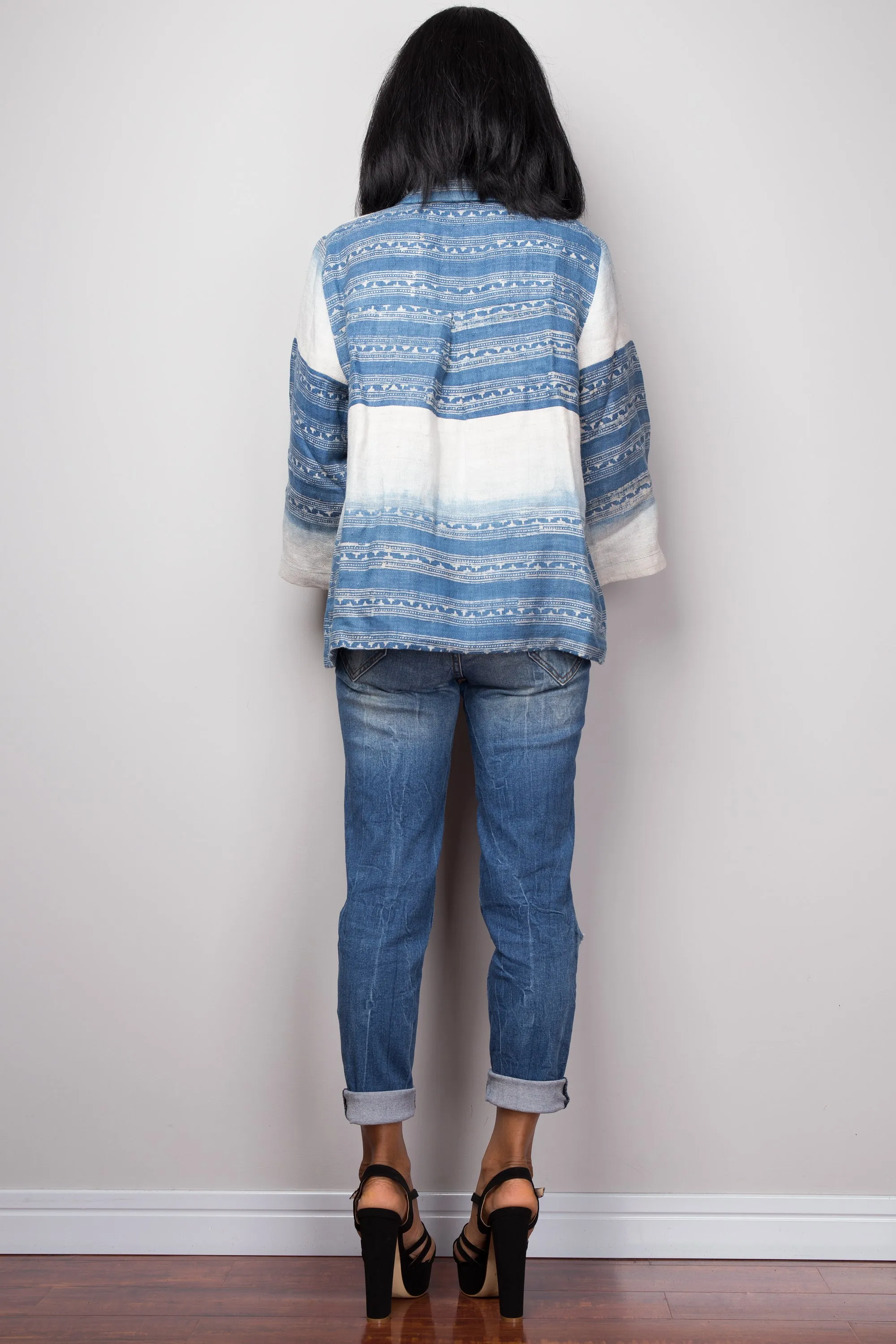 Indigo Hemp jacket | Hand drawn batik jacket | Hill tribe fabric tunic top