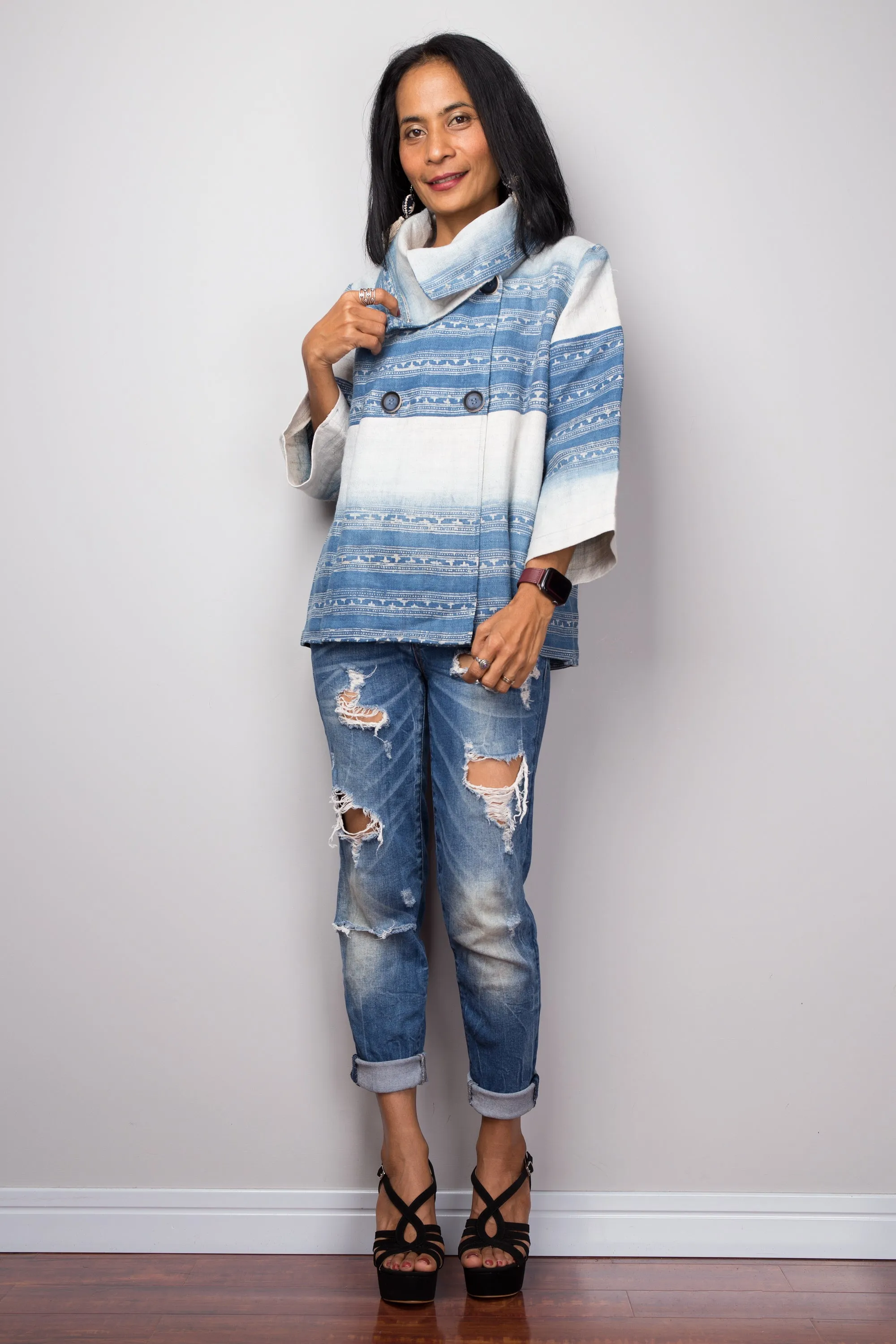 Indigo Hemp jacket | Hand drawn batik jacket | Hill tribe fabric tunic top