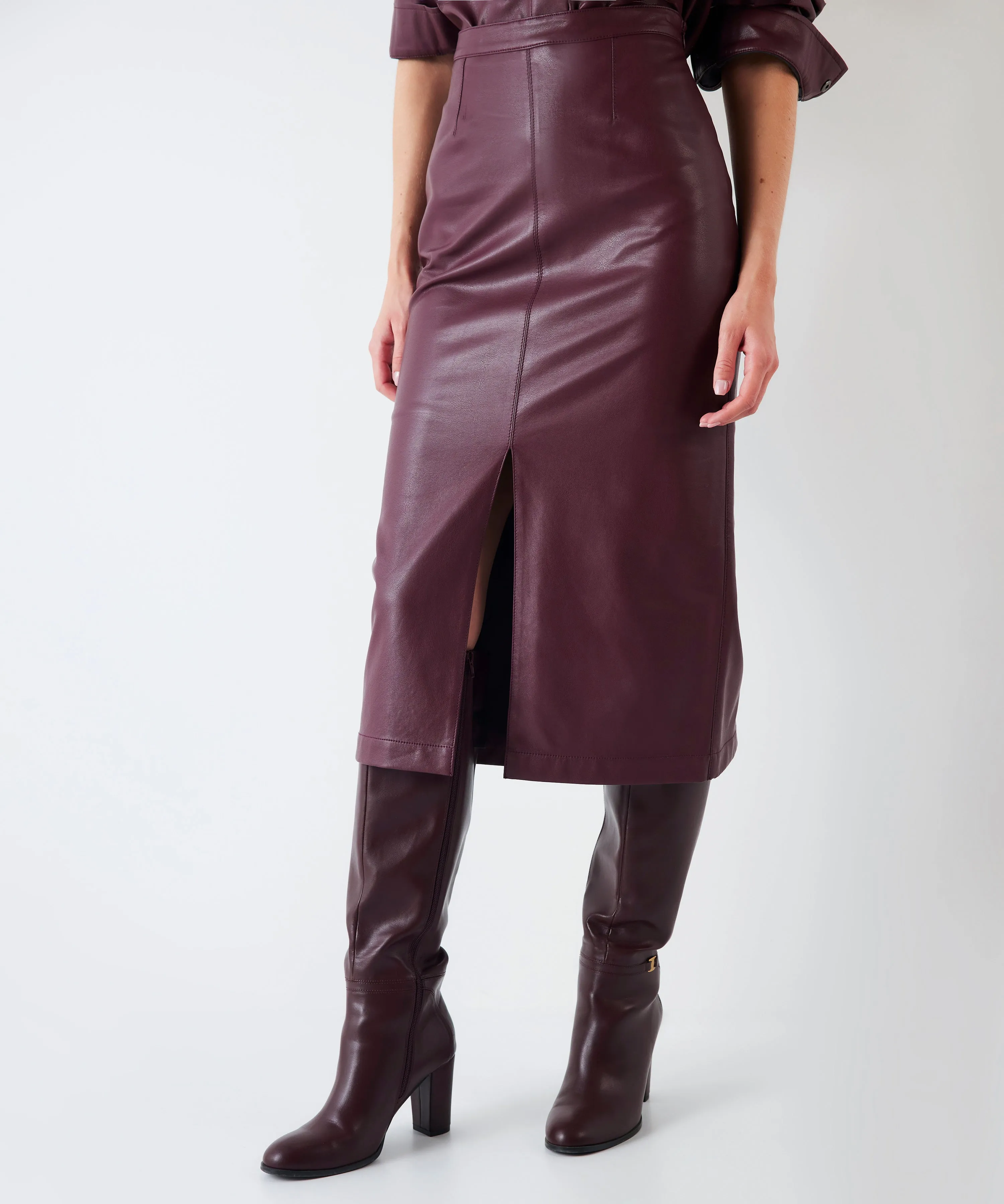 Ipekyol Leather Look Slit Skirt Dark Purple