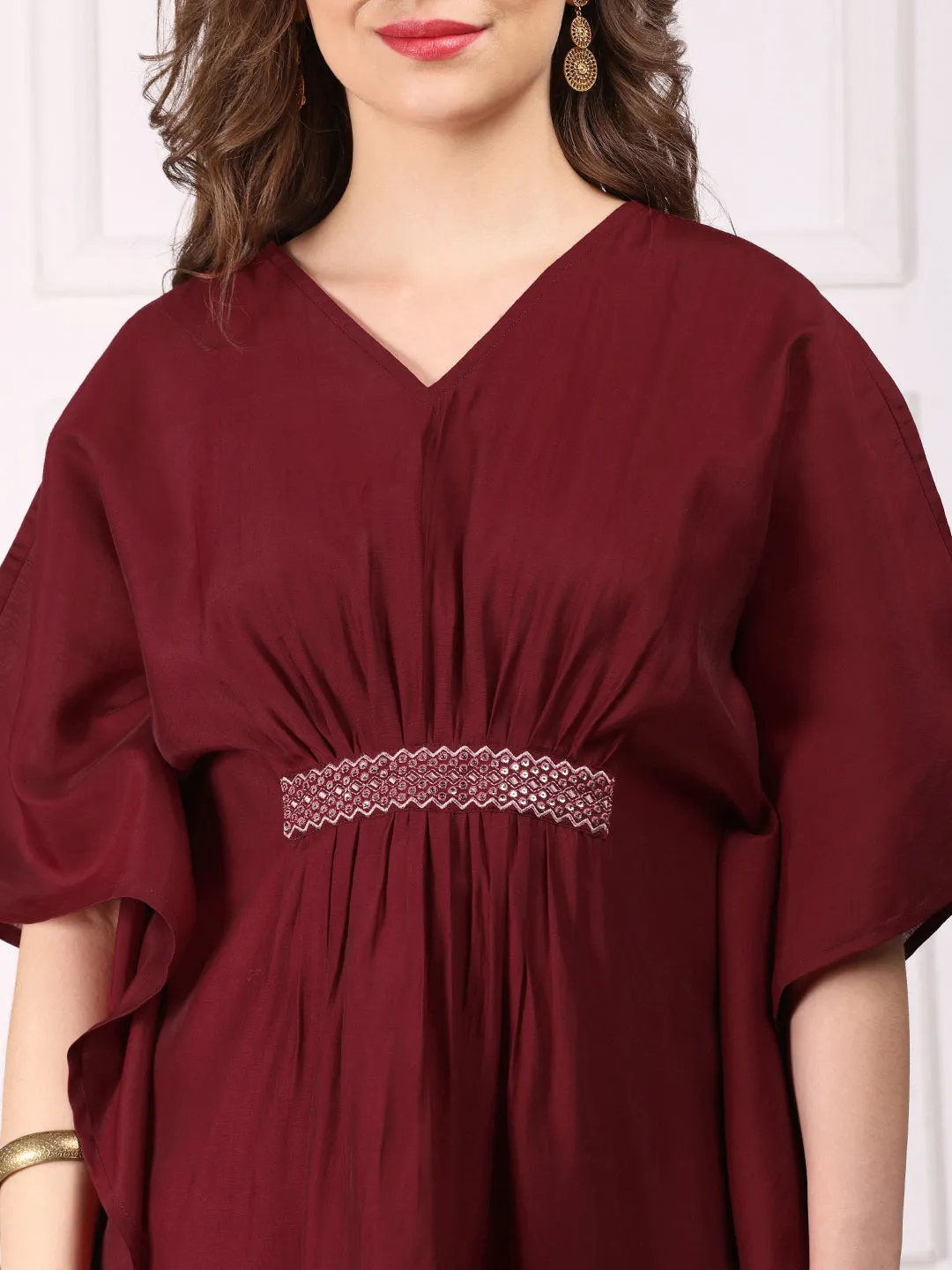 Ishin Women Maroon Kimono Sleeve Asymmetric Kaftan Kurti with Trousers