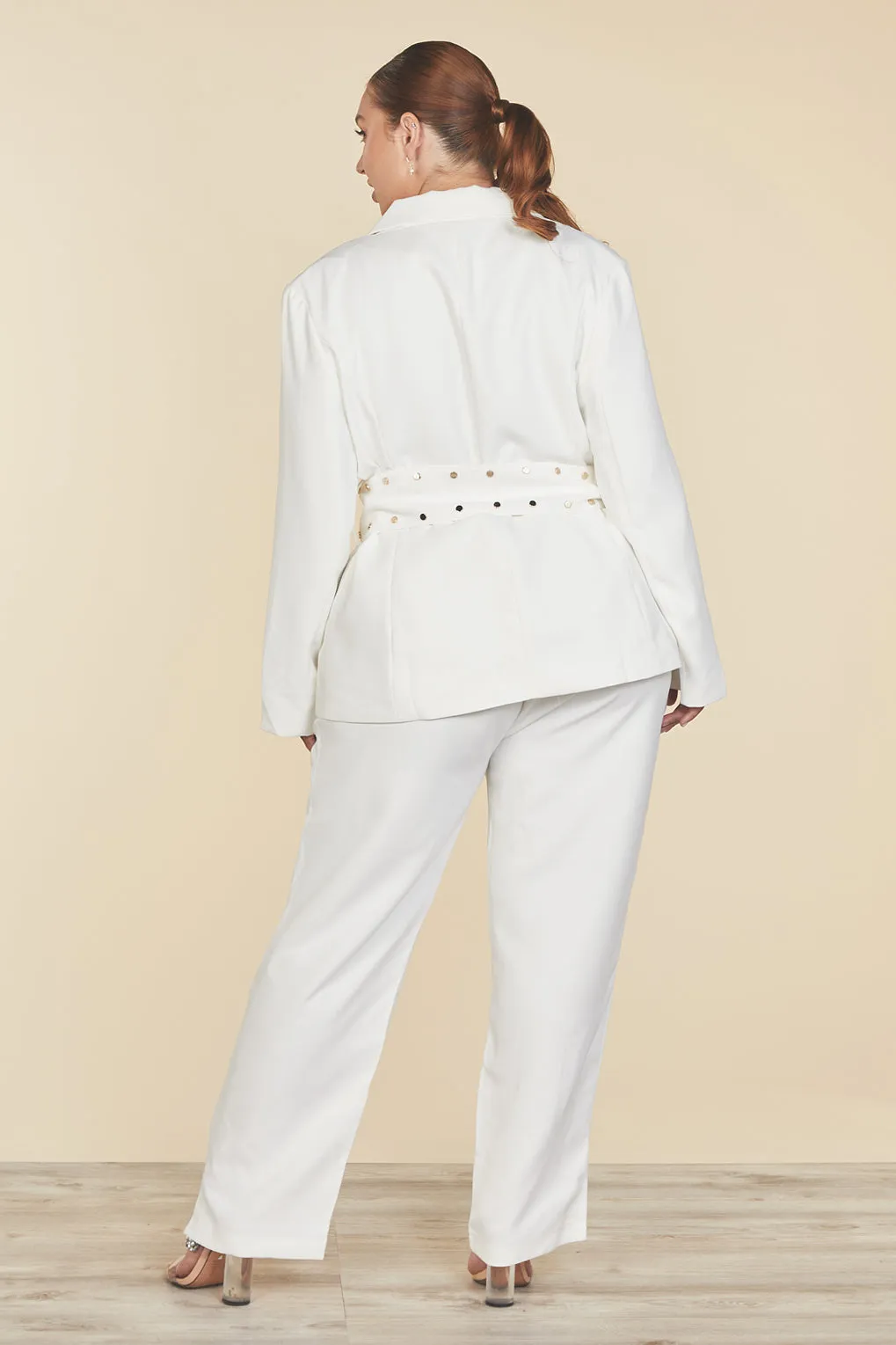 Jessy Curvy White Belted Suit Set