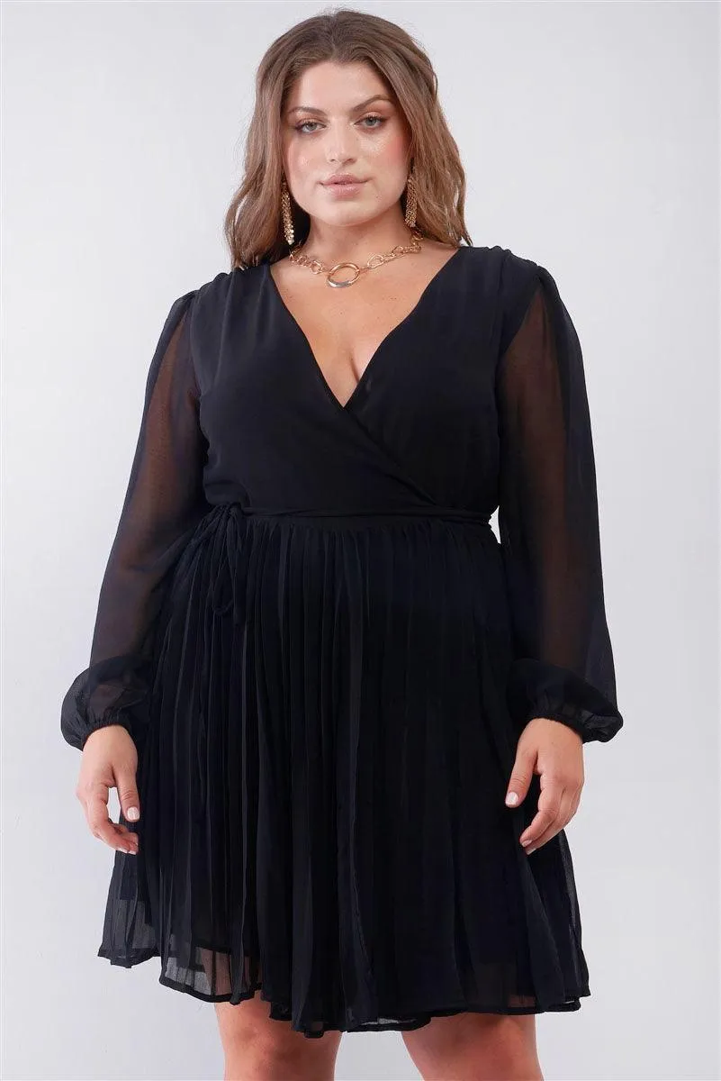 Junior Plus Black Wrap Deep V-Neck Long Puff Sleeve With Elasticated Cuff Pleated Mini Dress /3-2-1