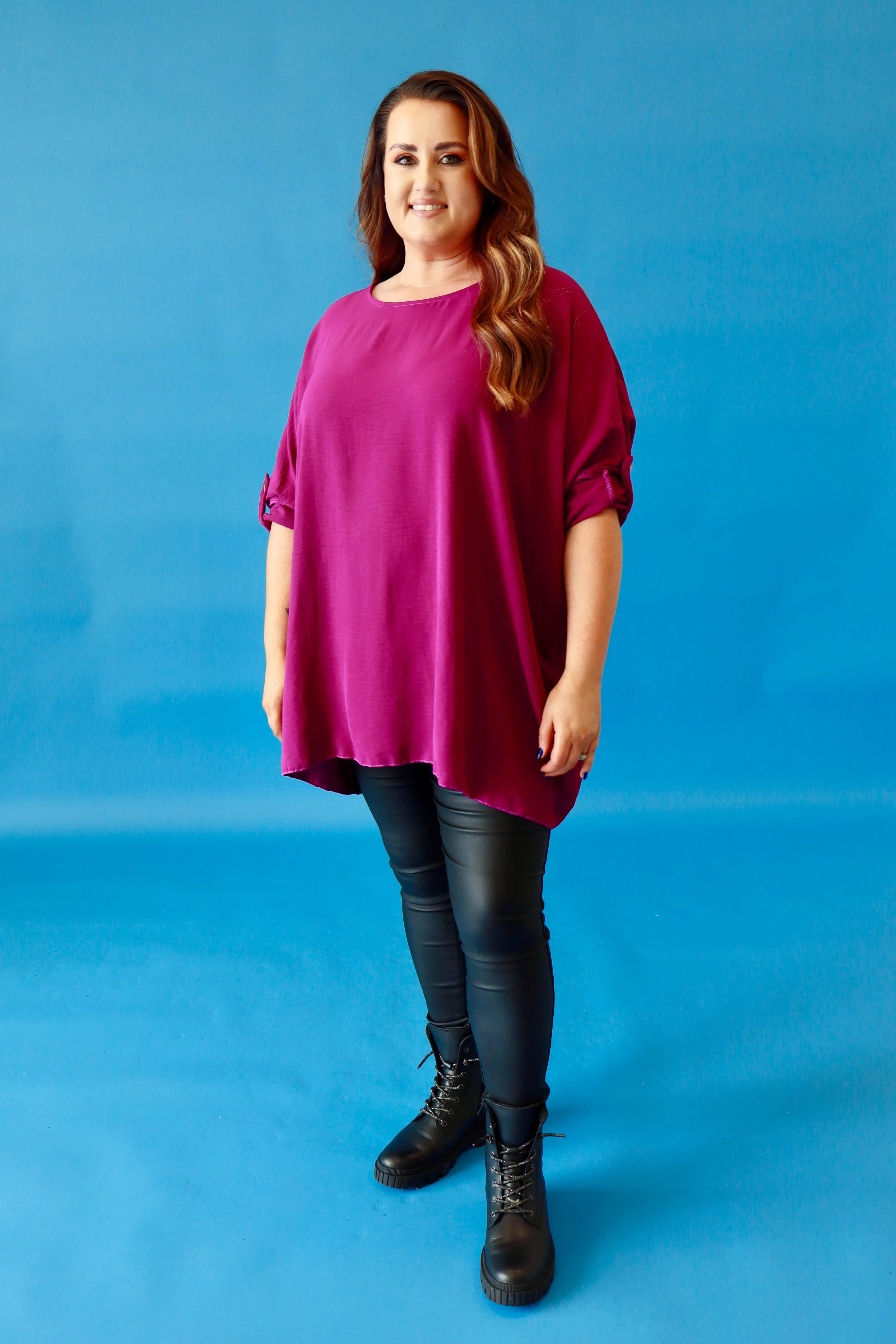 Kayla Blouse with Turn Up Sleeve in Magenta