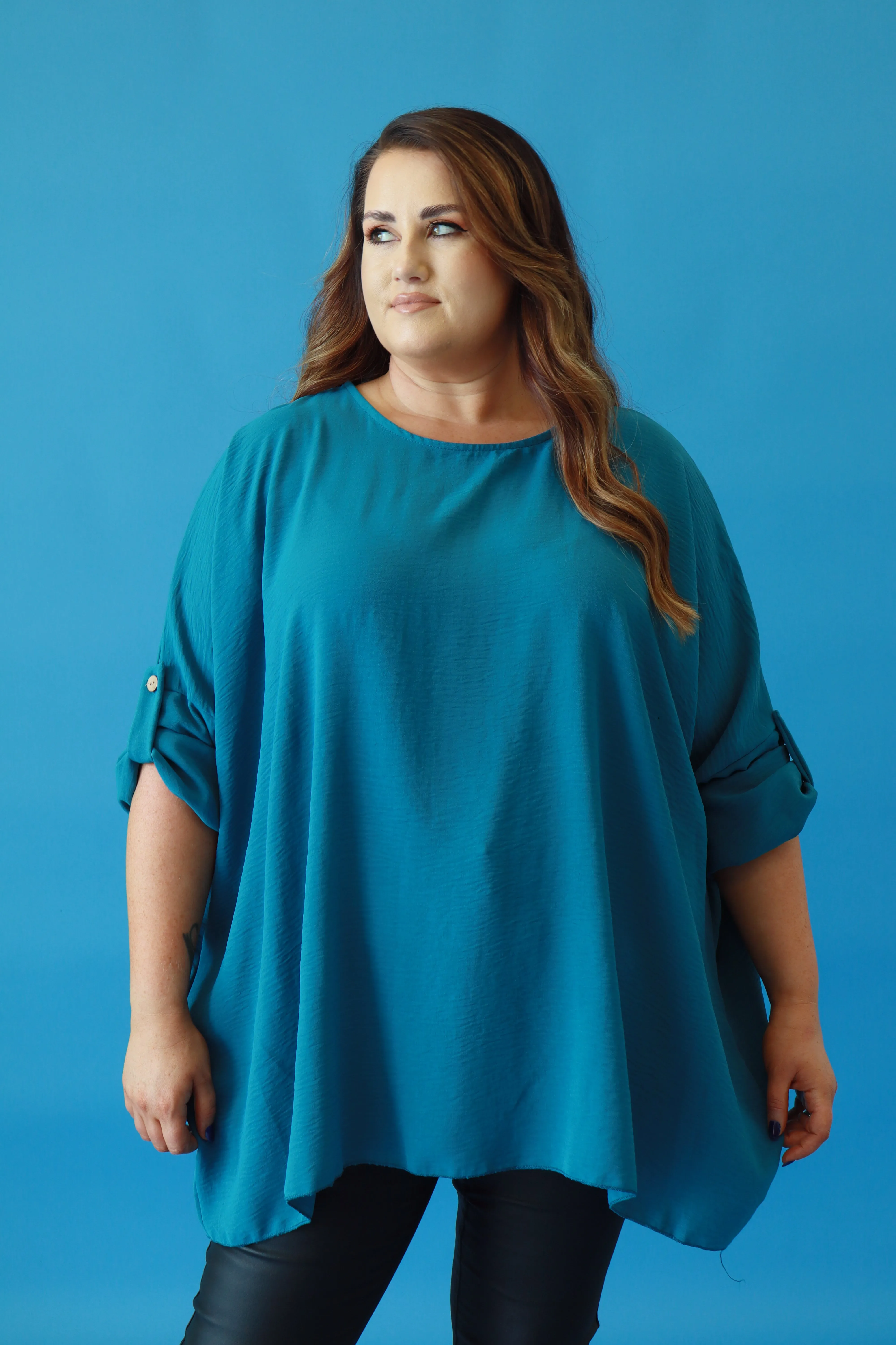 Kayla Blouse with Turn Up Sleeve in Teal