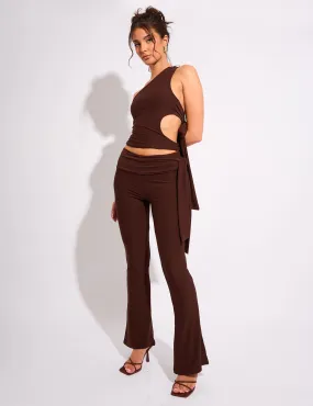 Knot Detail Tie Side Luxe Slinky Trousers Chocolate