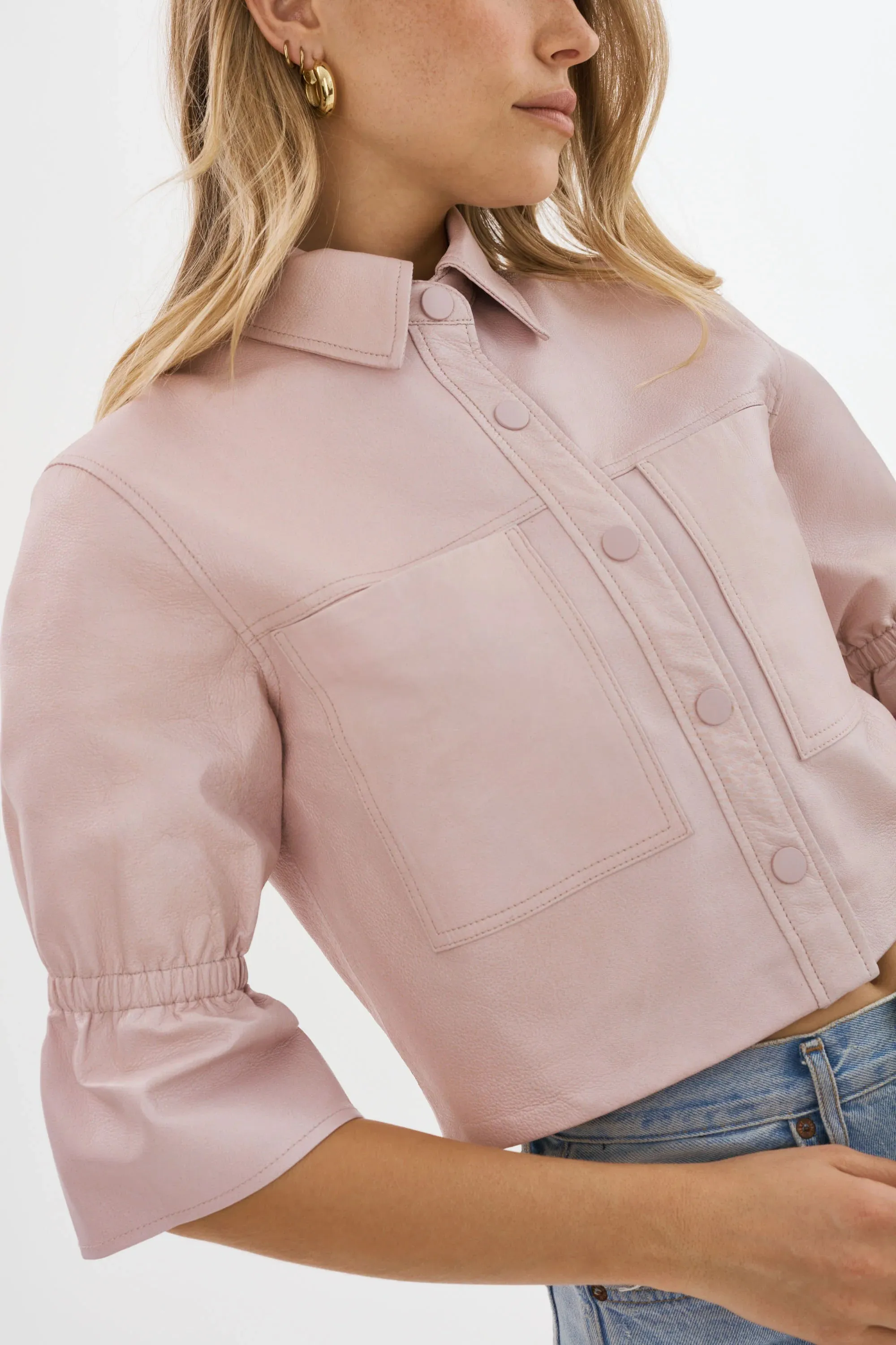 Lamarque Carolina Leather Ruffle Sleeve Jacket- Rose