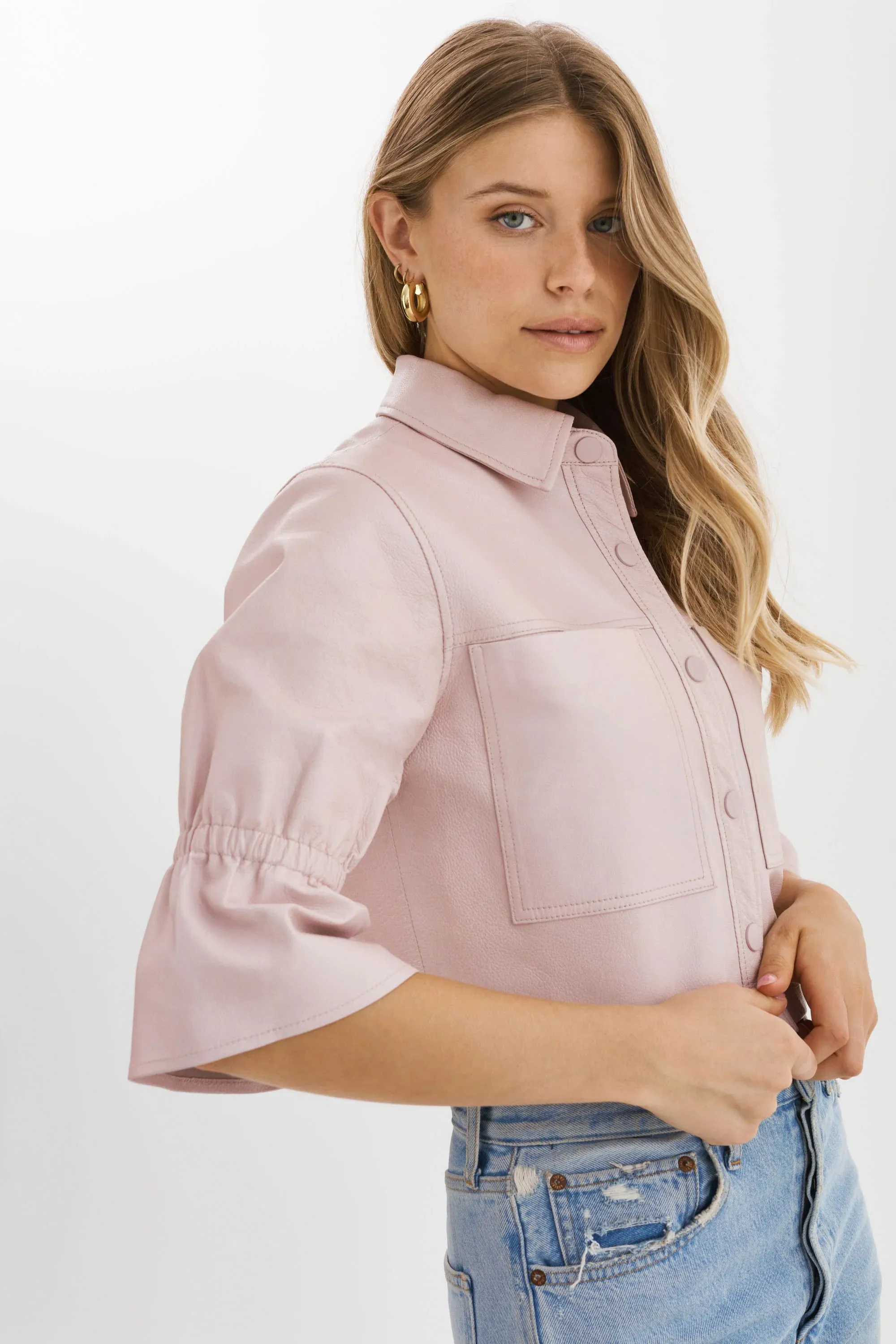 Lamarque Carolina Leather Ruffle Sleeve Jacket- Rose