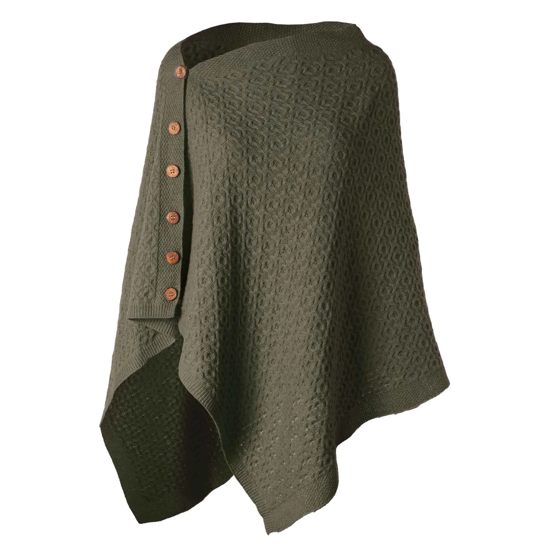 Lambswool Aran Knit Poncho- Army Green