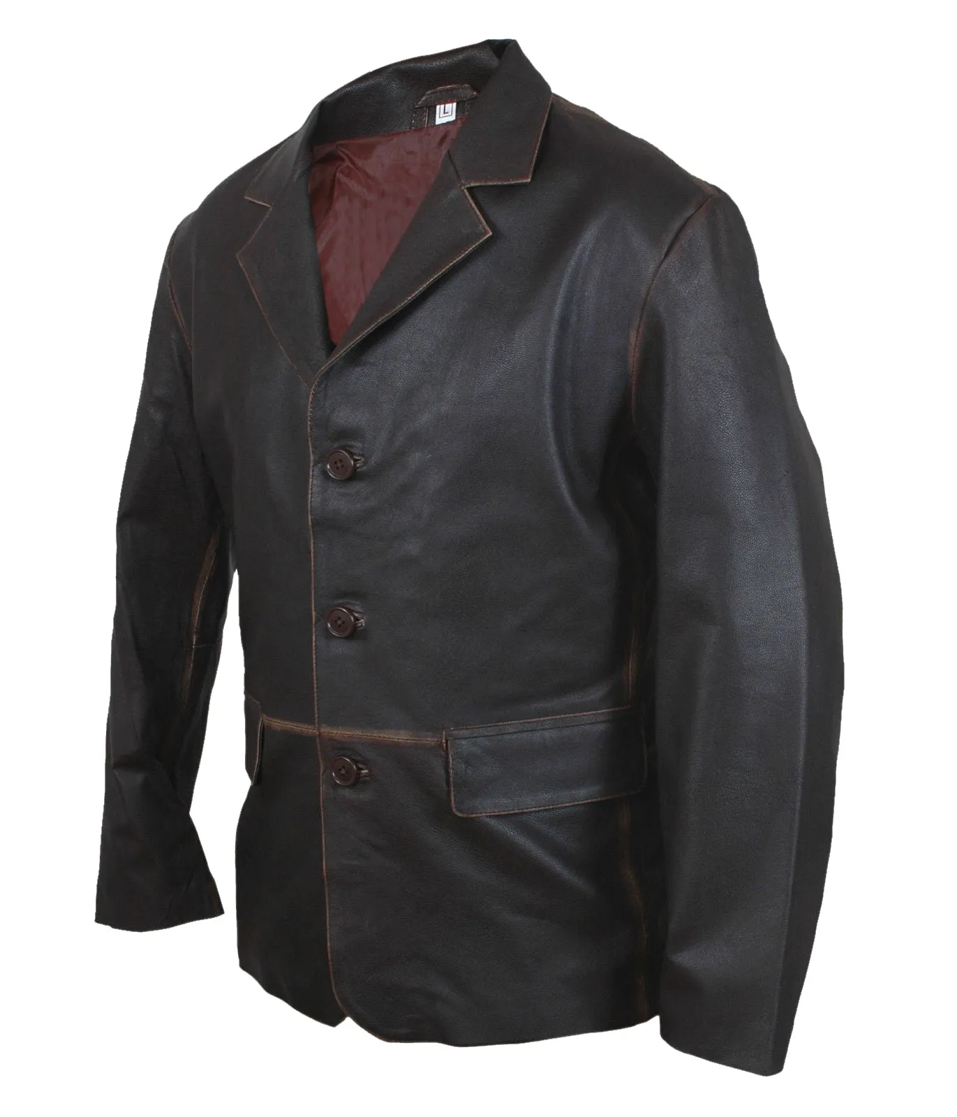 Leather Jackets Hub Men's 3 Button Vintage Real Cowhide Leather Stylish Coat (Black-Rubboff, Blazer Coat) - 1502801