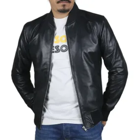 Leather Jackets Hub Mens Genuine Lambskin Leather Jacket (Black, Bomber Jacket) - 1501361