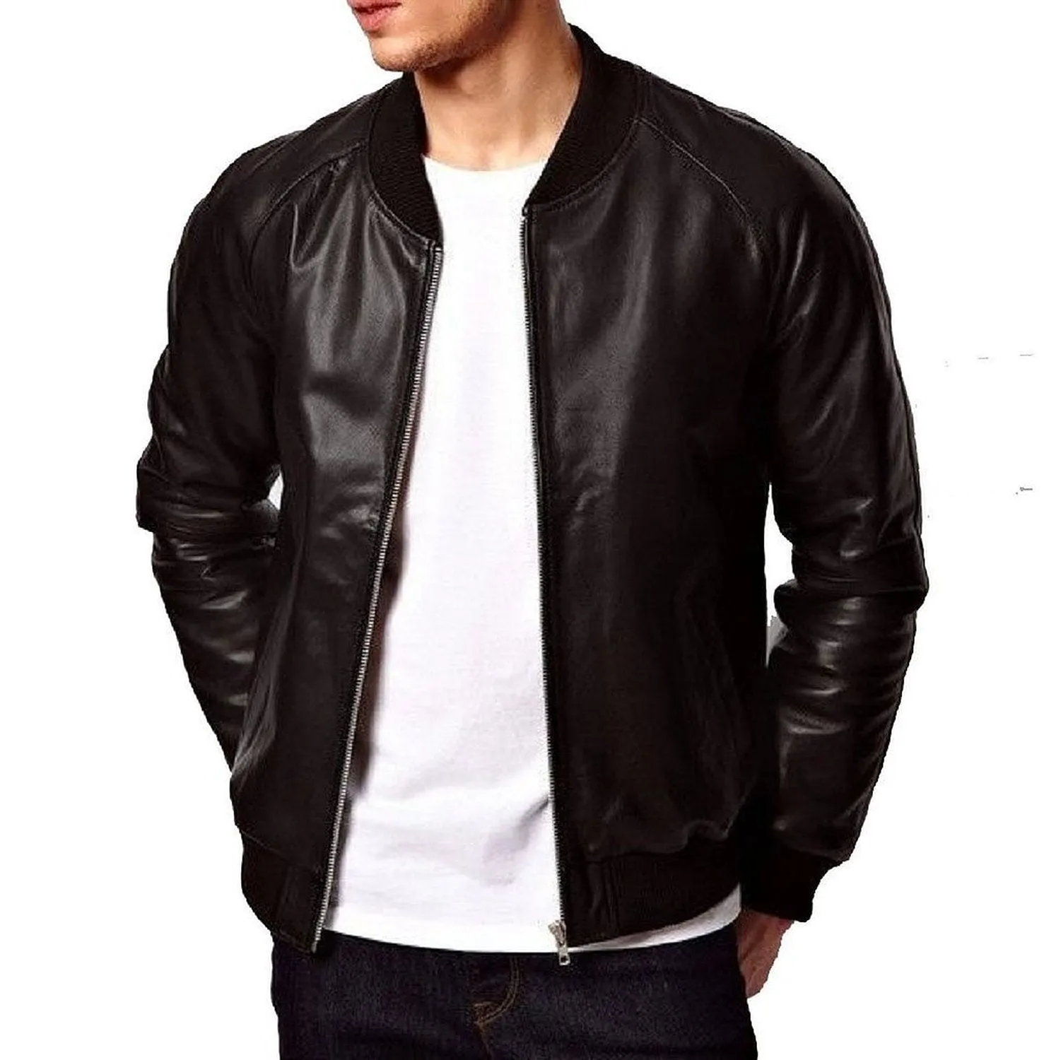 Leather Jackets Hub Mens Genuine Lambskin Leather Jacket (Black, Bomber Jacket) - 1501361