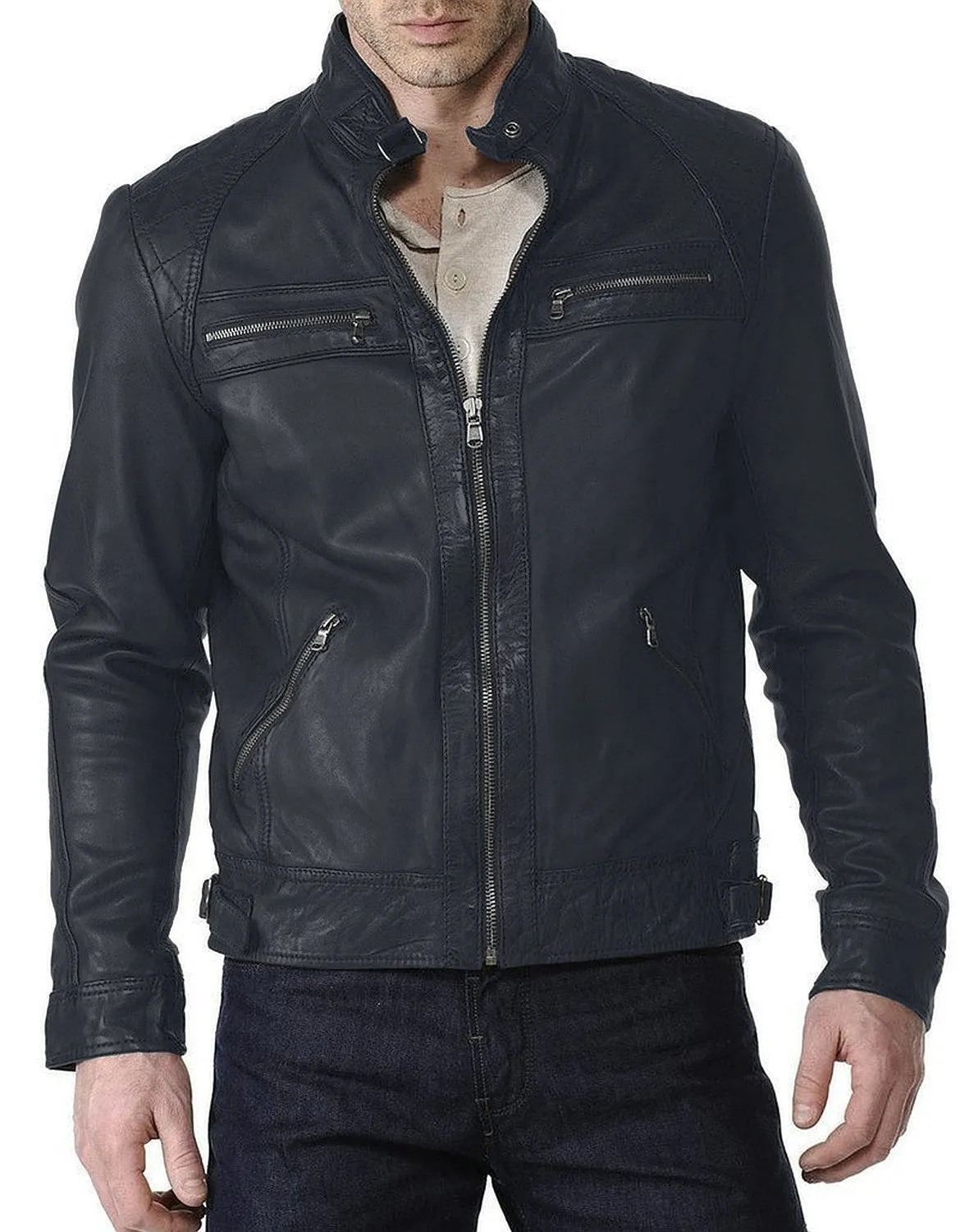 Leather Jackets Hub Mens Genuine Lambskin Leather Jacket (Black, Racer Jacket) - 1501018