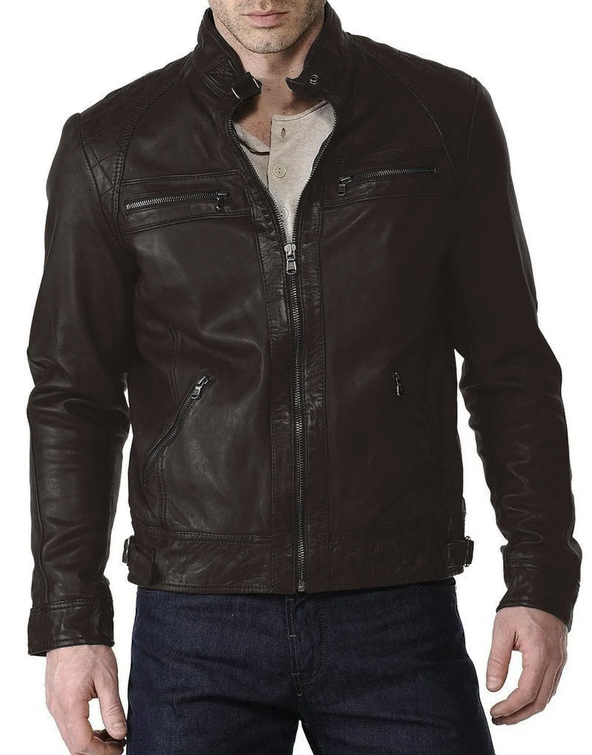 Leather Jackets Hub Mens Genuine Lambskin Leather Jacket (Black, Racer Jacket) - 1501018