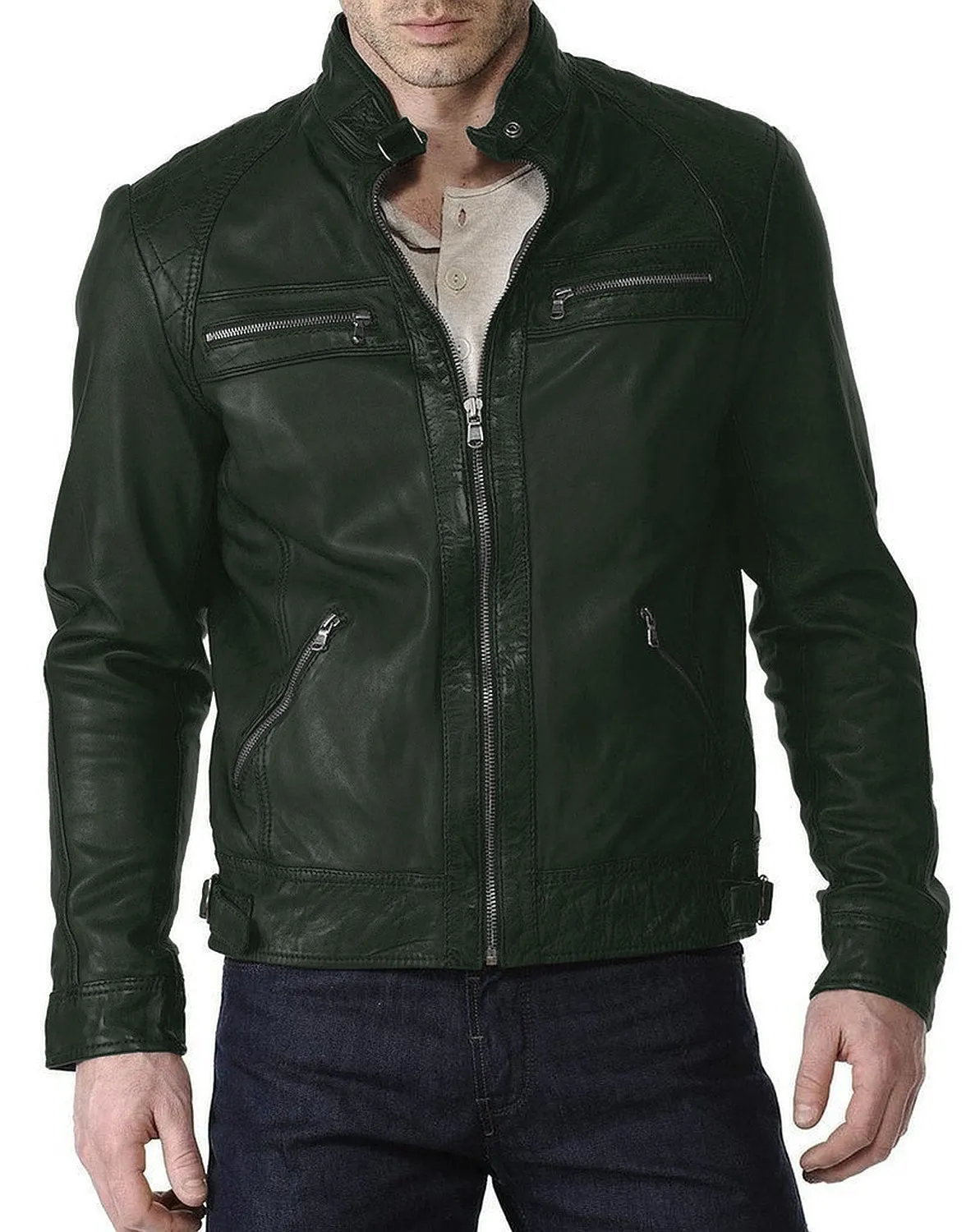 Leather Jackets Hub Mens Genuine Lambskin Leather Jacket (Black, Racer Jacket) - 1501018