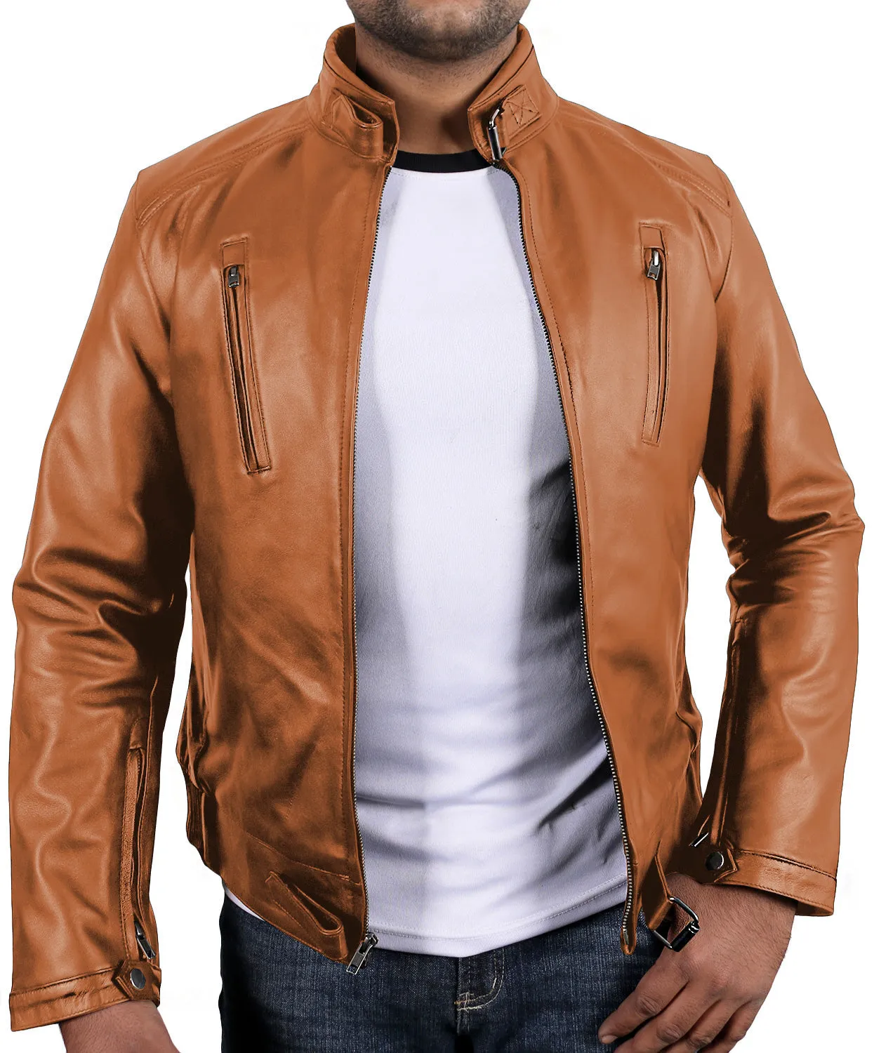 Leather Jackets Hub Mens Genuine Lambskin Leather Jacket (Black, Racer Jacket) - 1501314