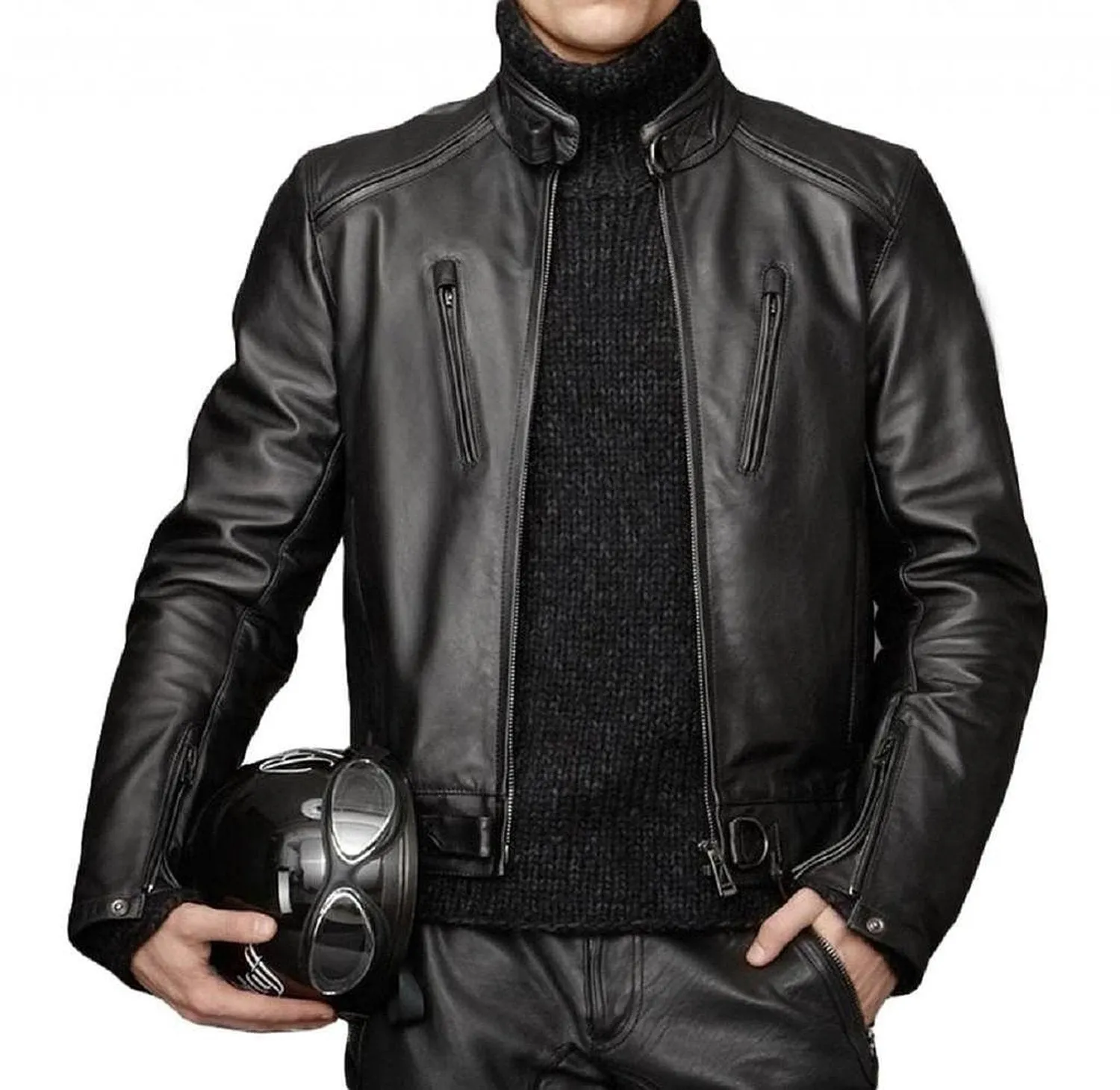 Leather Jackets Hub Mens Genuine Lambskin Leather Jacket (Black, Racer Jacket) - 1501314