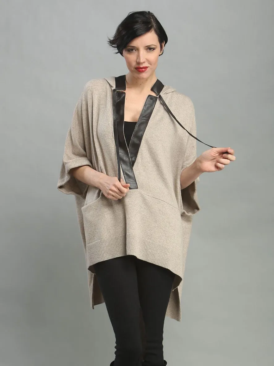 Leather Trimmed Hoodie Poncho