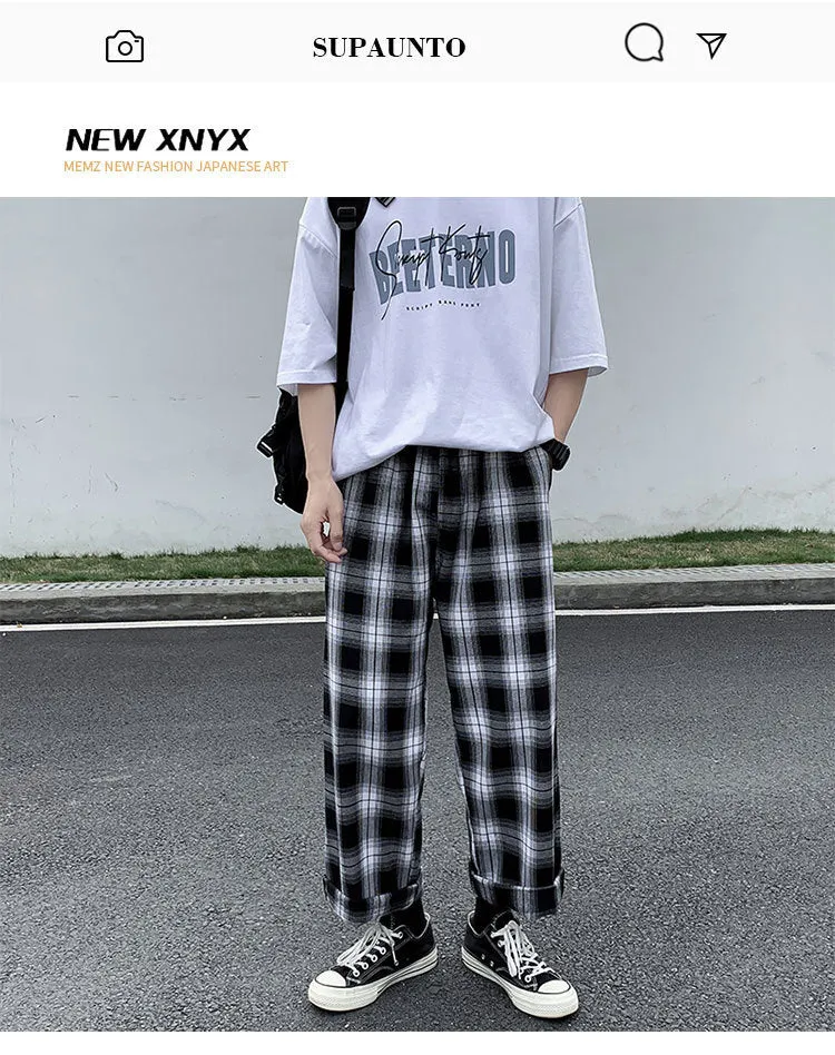 Leisure Plaid Loose Fried Street Draping Draggle-tail Straight Trousers