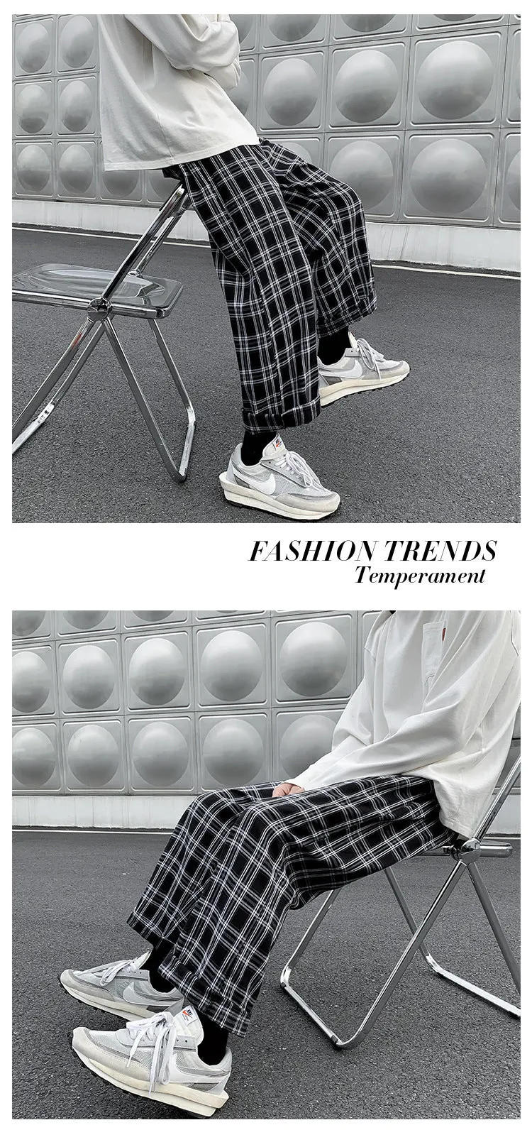 Leisure Plaid Loose Fried Street Draping Draggle-tail Straight Trousers