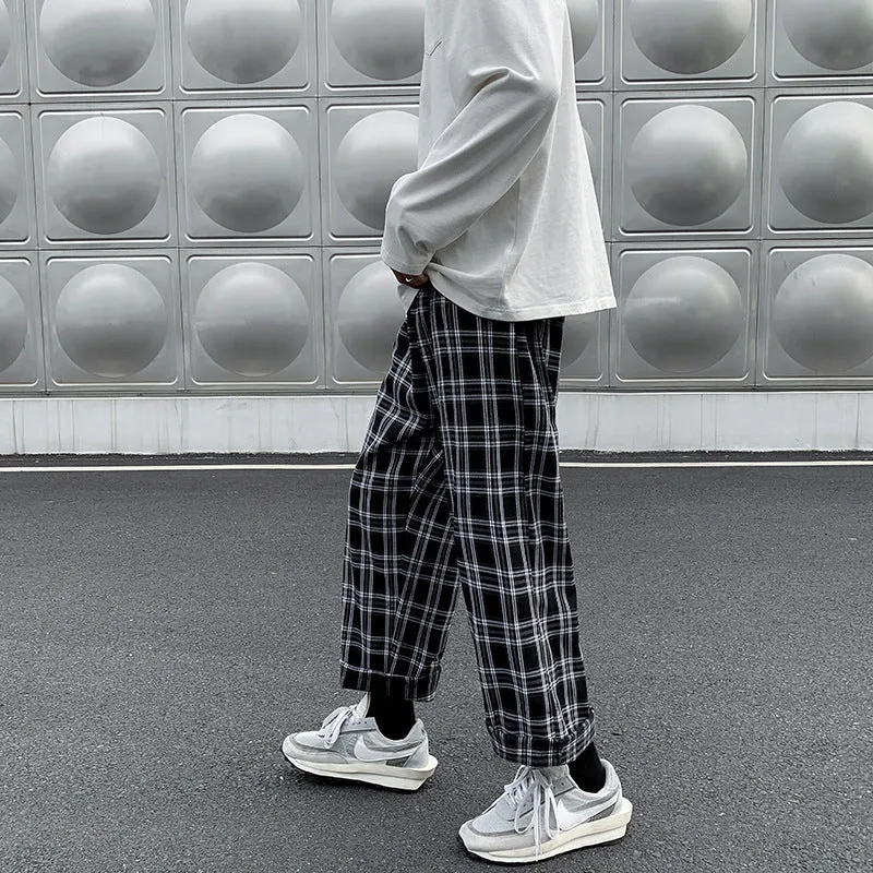 Leisure Plaid Loose Fried Street Draping Draggle-tail Straight Trousers