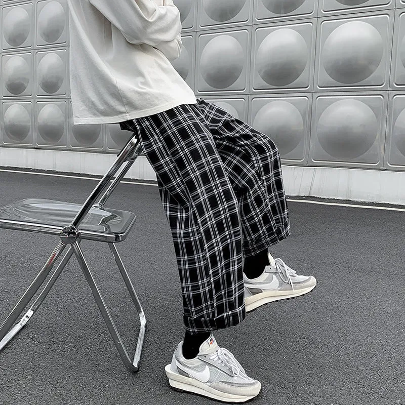 Leisure Plaid Loose Fried Street Draping Draggle-tail Straight Trousers