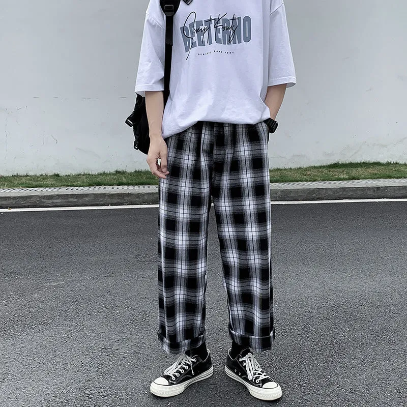 Leisure Plaid Loose Fried Street Draping Draggle-tail Straight Trousers